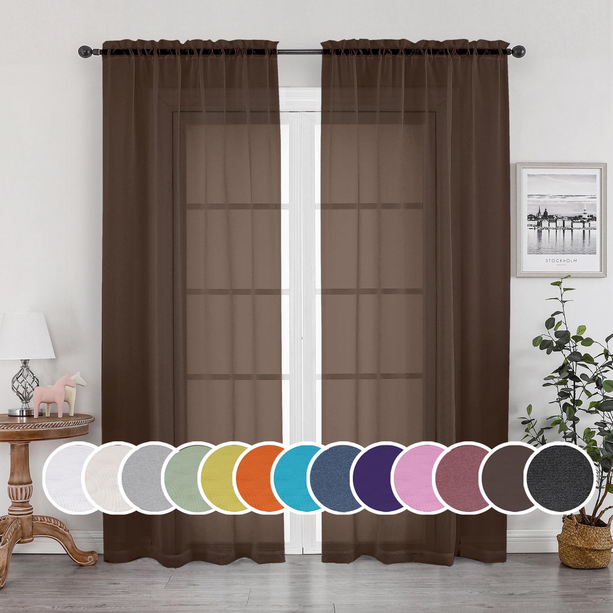 OWENIE Sheer Chocolate Curtains, Sheer Curtains 84 inch Length 2 Panels Set, Rod Pocket Voile Fimly Sheer Drapes for Living Room/Bedroom, 2pcs, Each