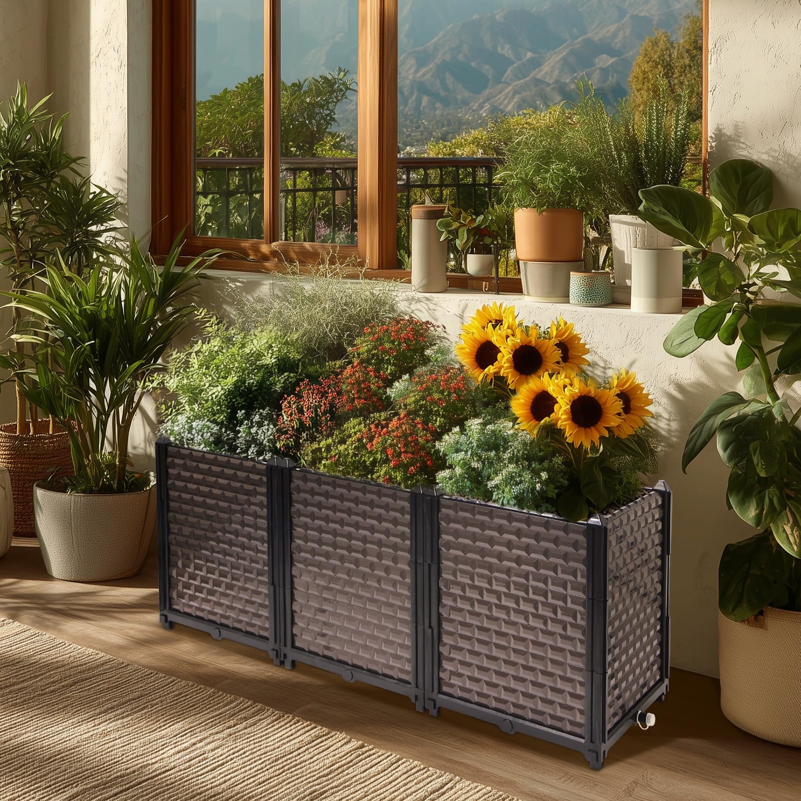 Macetas grandes para plantas al aire libre, juego de 3, camas elevadas para jardinería, riego automático, maceta elevada con patas, macetas rectangulares para plantas al aire libre, flores, verduras