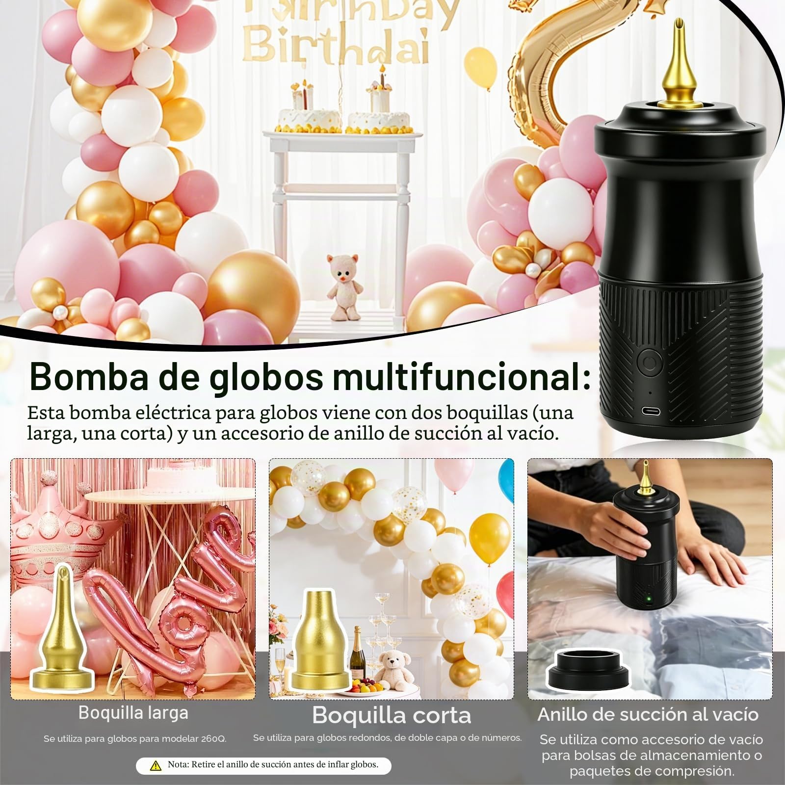 Inflador Globos Eléctrico Portátil, Hinchador Globos Electrico con Batería de 2000 mAh y 3 Boquillas, Bomba Aire Globo Eléctrica para Fiestas Bodas Cumpleaños Actividades y Decoración Festivales