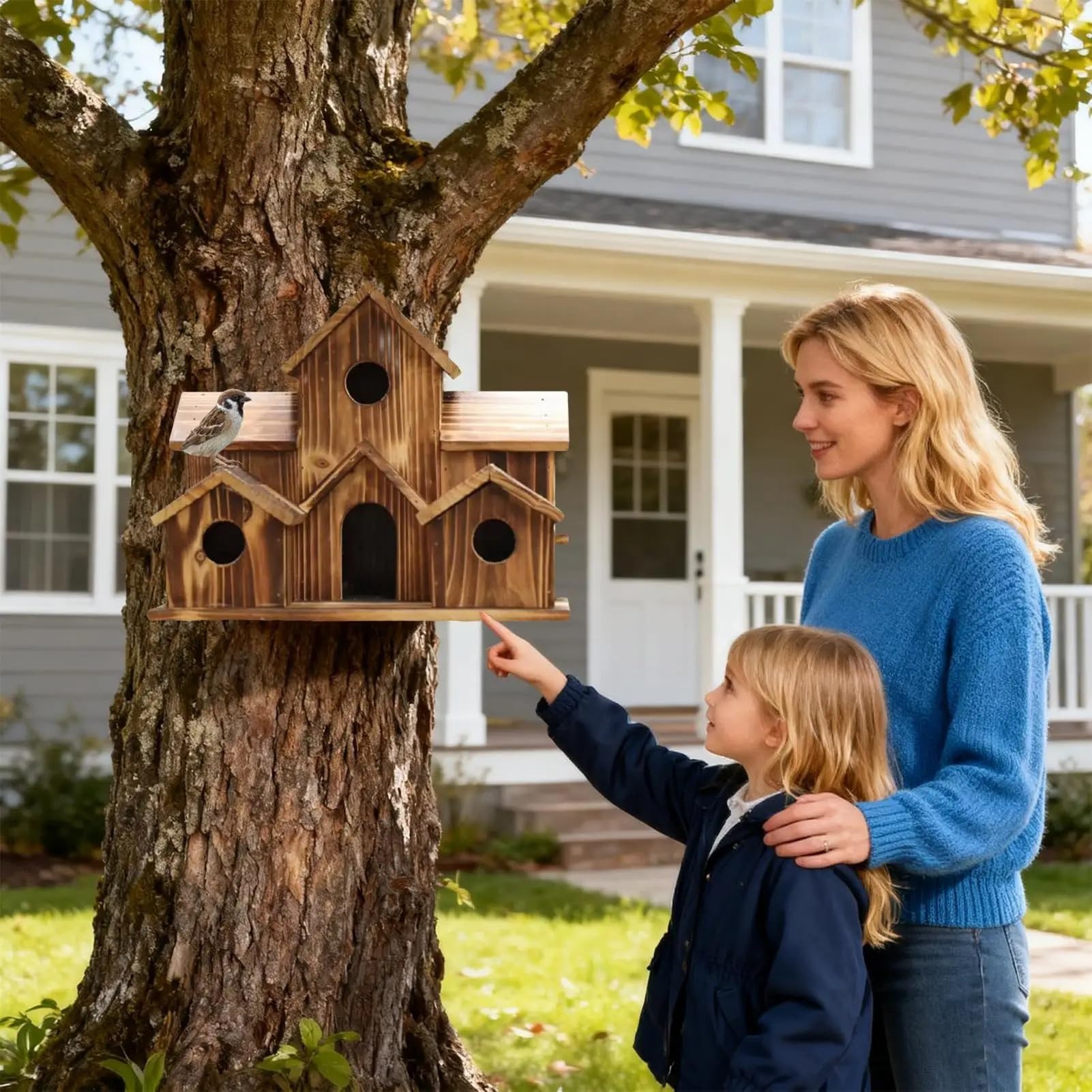 Casita pajaros Exterior Pajarera de Madera rústica Decorativa al Aire Libre con múltiples Agujeros, cabaña for Mascotas, Caja Nido for familias de pájaros