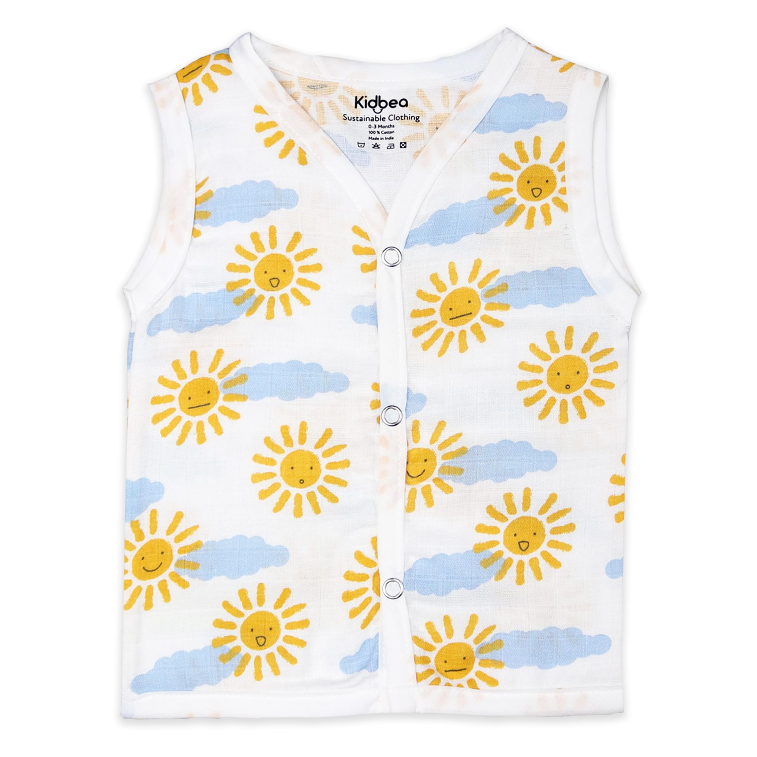 Kidbea Organic Cotton Muslin Button Jhabla | White Jhabla | for Boys & Girls | Summer Wear Jabala | Comfortable Baby Products | Sleeveless Vest | Assorted Pack of 3 With MultiColor & Size 3-6M - Image 2 thumbnail
