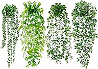 Palonu 4-Pack Realistic Artificial Hanging Plants: Fake Eucalyptus Vine, Mandala, Pea Pod & String of Pearls in Pots - UV Resistant Indoor Outdoor Decor