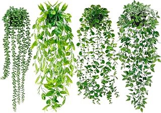 Palonu 4-Pack Realistic Artificial Hanging Plants: Fake Eucalyptus Vine, Mandala, Pea Pod & String of Pearls in Pots - UV Resistant Indoor Outdoor Decor