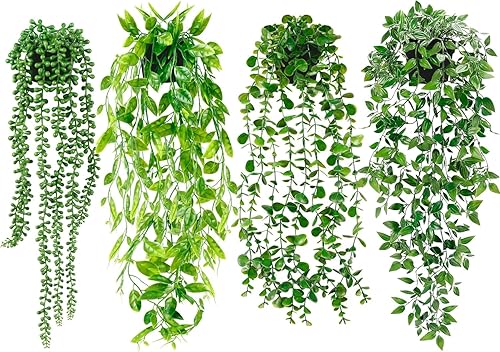 Palonu 4 Pack Faux Artificial Hanging Plants, Fake Potted Greenery