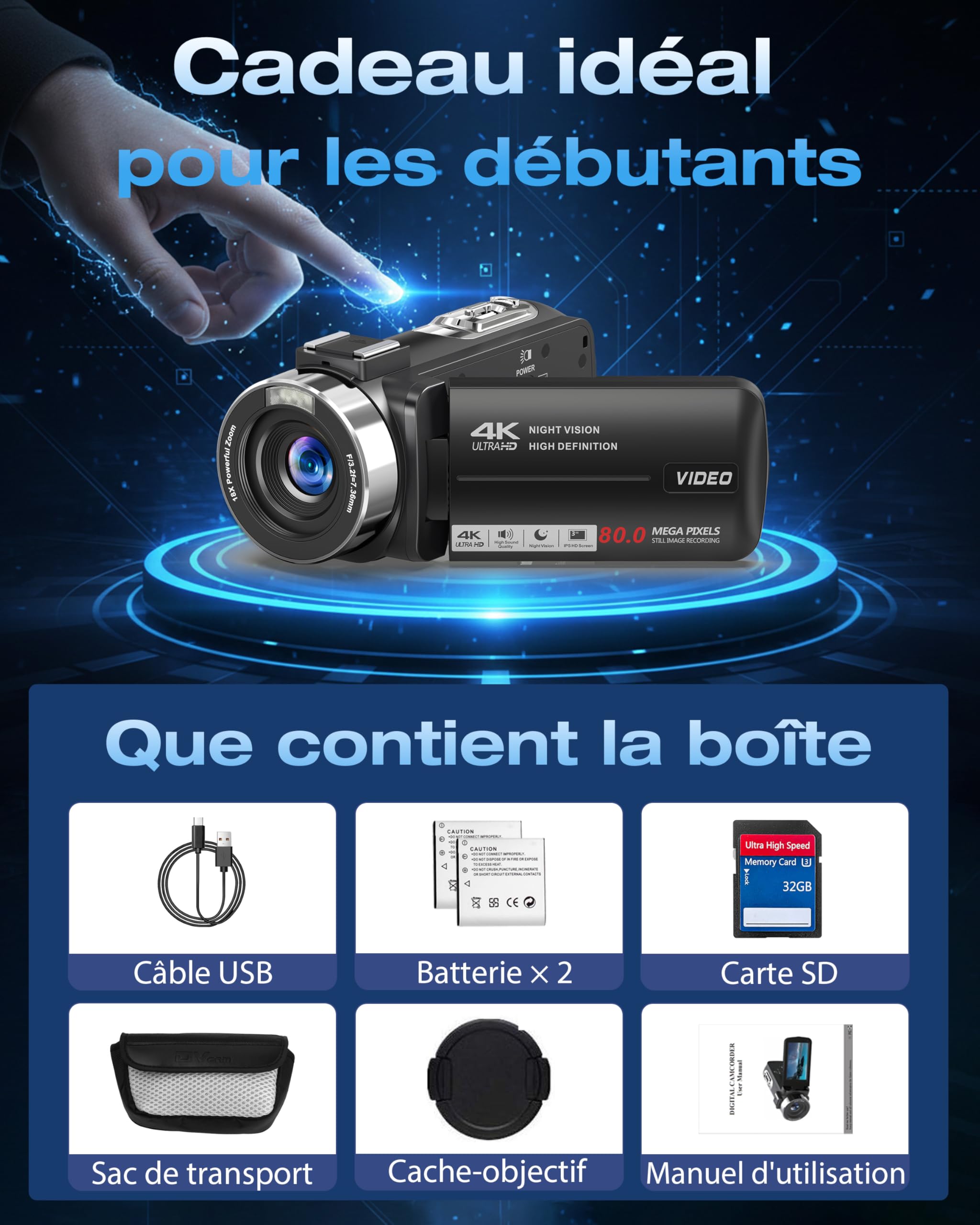 Caméscope 4K 80MP 30FPS Vision Nocturne Infrarouge Zoom 18X Écran IPS 3,0 Pouces avec 2 Piles et Carte SD 32Go