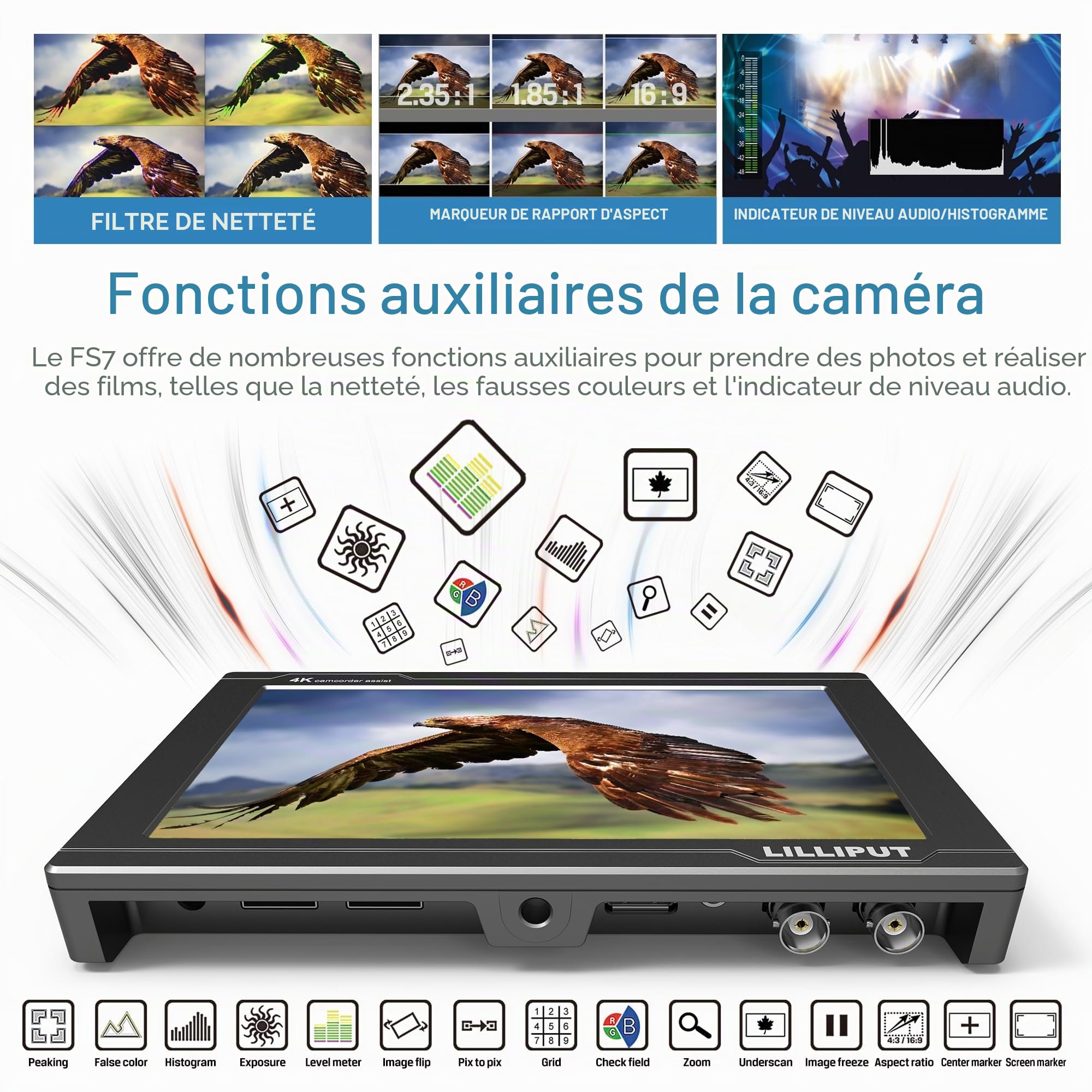 LILLIPUT FS7 Moniteur Caméra LCD 7" 1920 x 1200 FHD avec Forme d'onde VectorScope Histogramme Sortie HDMI 4K HDMI Field Monitor de Champ de caméra HDMI 1.4/3G-SDI