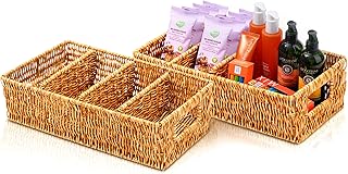 Nature-Inspired Rattan Pantry Organizer Baskets Set of 2 with 3 Removabl...
