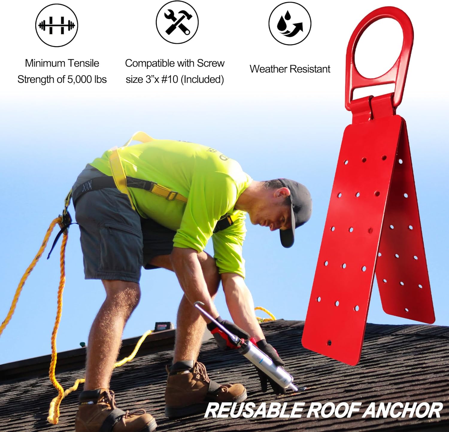 2 Pack Reusable Hinged Roof Anchor with D-Ring - Screw or Nail Down Metal Roof Bracket, Temporary Safety Roof Equipment for Fall Protection, Adjustable Connector, Easy to Install, Nails Included.