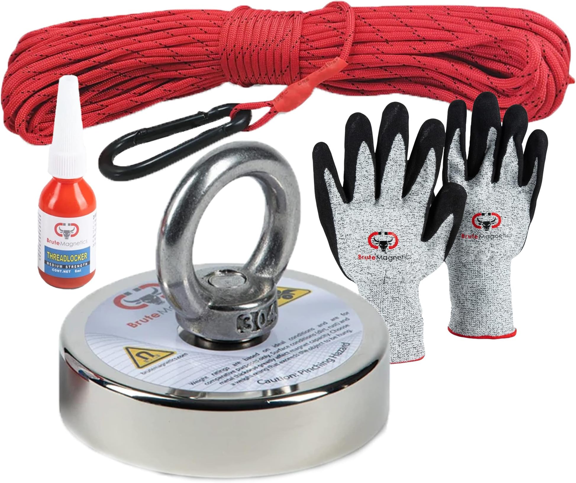Brute Magnetics 425 lb Junior Magnet Fishing Bundle | Includes Single Sided Rare Earth Neodymium Magnet, 100ft Nylon Paracord, Heavy Duty Carabiner, Gloves, and Threadlocker