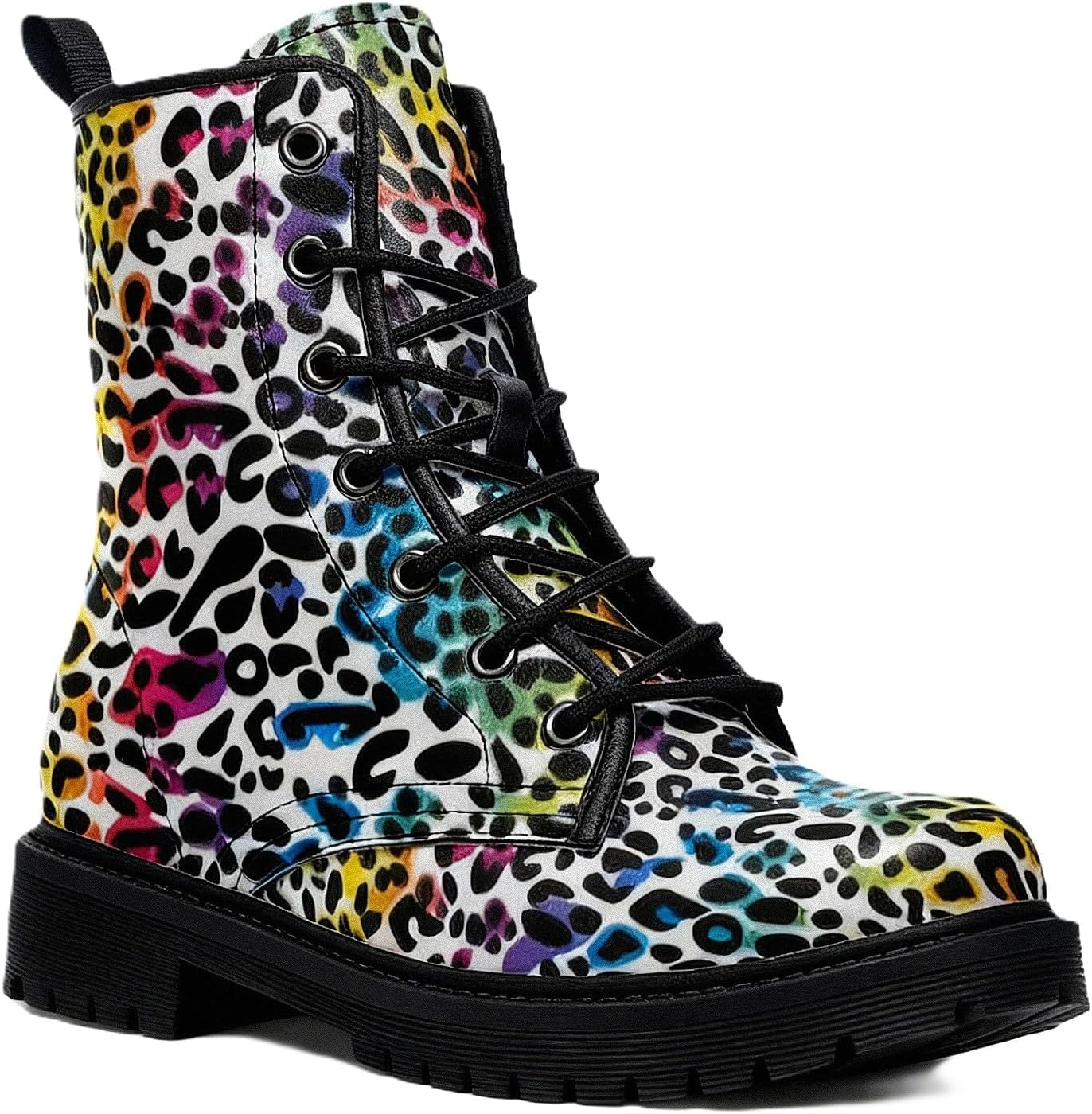 Women's Printed Booties with Stripe Leopard Plaid Floral Ankle Boots Round-toe Platform Lace-up Patent Leather Combat Boot Casual Stylish Comfortable Shoes for Daily Travel Shopping Birthday, White