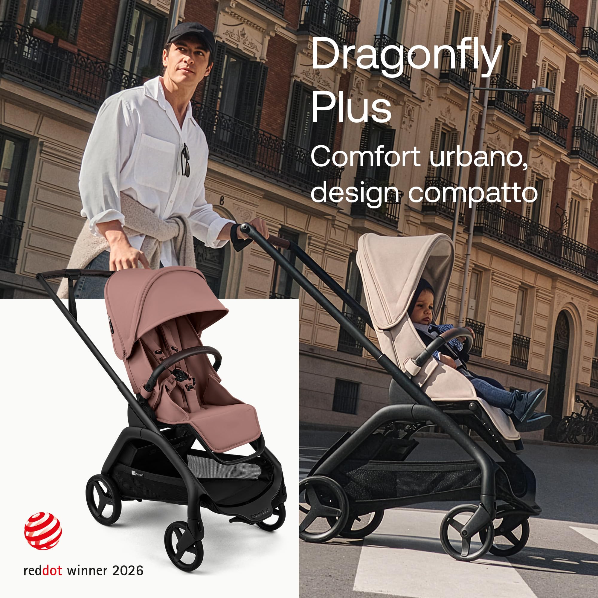 Passeggino Bugaboo Dragonfly Plus, Carrozzina Compatta da Città, Chiusura ad una Mano, Seduta Reclinabile e Reversibile, Adatto a Neonati e Bambini fino a 22 kg, Leggero da Trasportare, Dusty Pink