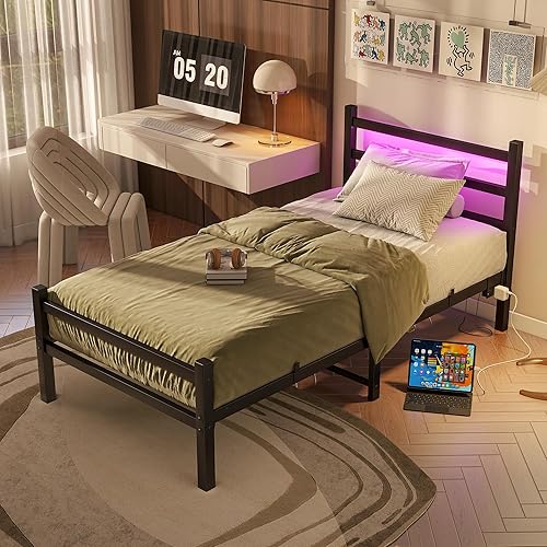 Miniatura 4 de Base de cama individual con estación de carga y cabecera LED, listones de acero resistente que soportan marco de cama de metal, no necesita somier,