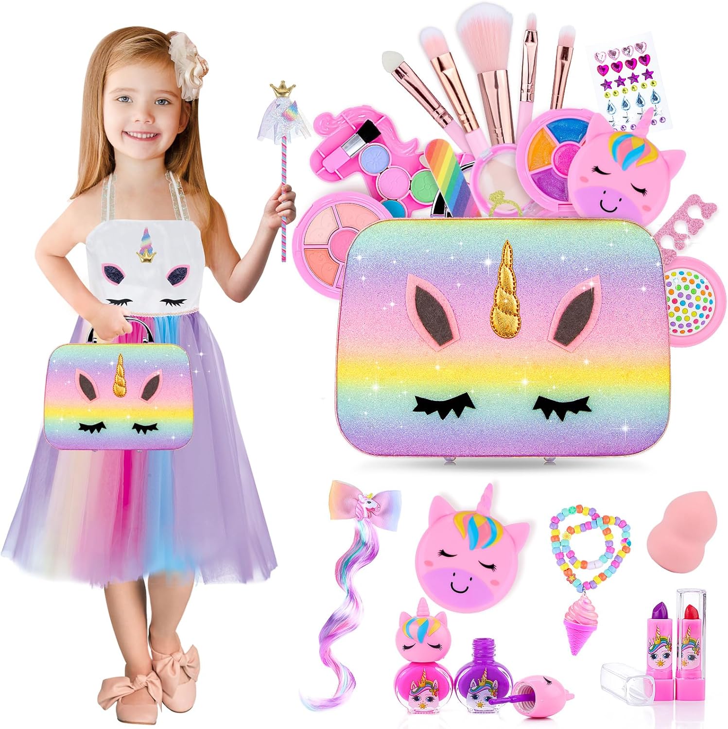 Travel makeup kit for kids with pink bag and dress