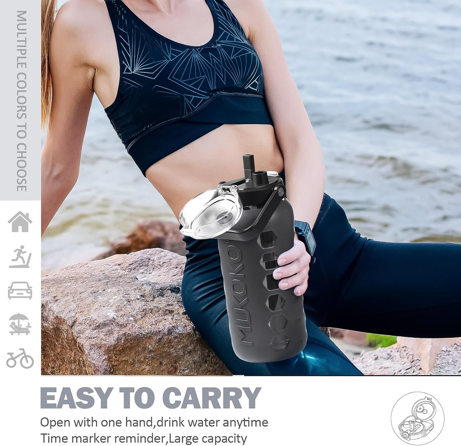 MUKOKO Half Gallon/64 oz Glass Water Bottles with Straw and Lid,Motivational Water Jug with Time Marker Reminder and Silicone Sleeve,100% Leakproof BPA Free Fitness Sports Large Bottle-Grey - Image 6