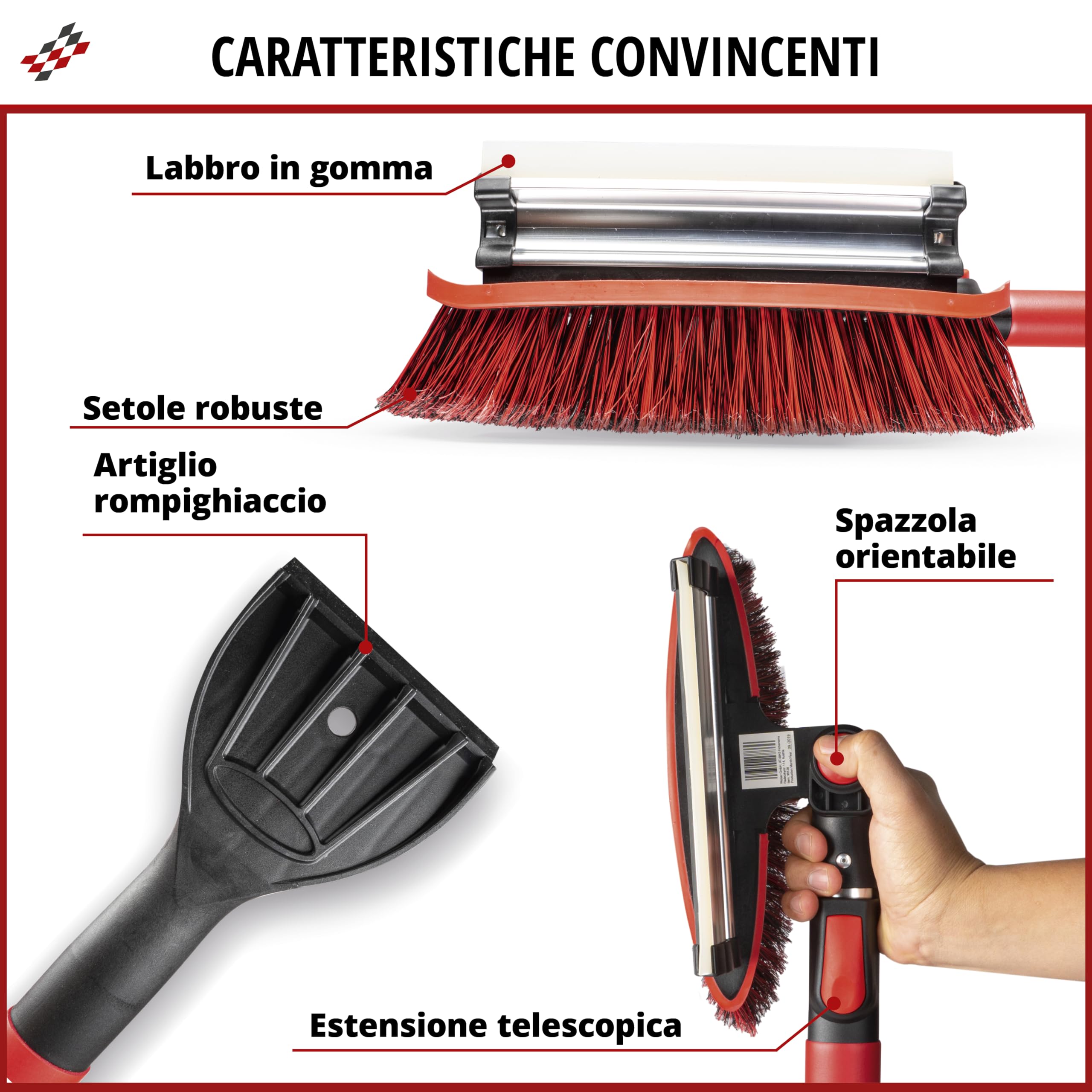 WALSER Scopa da neve 3in1 telescopico 92-132 cm raschiaghiaccio rosso/nero