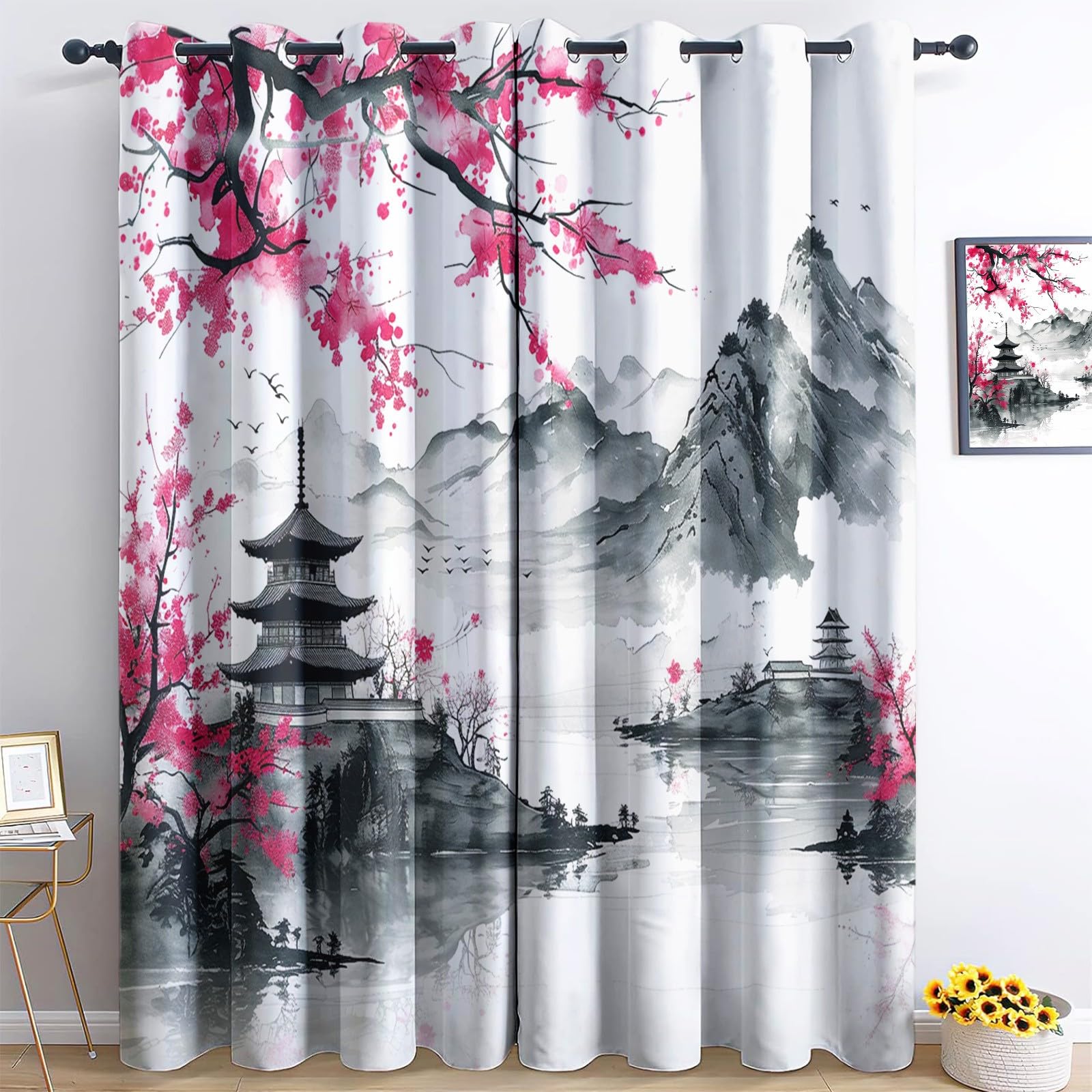 Rideaux Occultants 3D Perles Et Fleurs 75x166 cm 2 Panneaux Thermique Sonore Oeillets Décoration Salon Chambre
