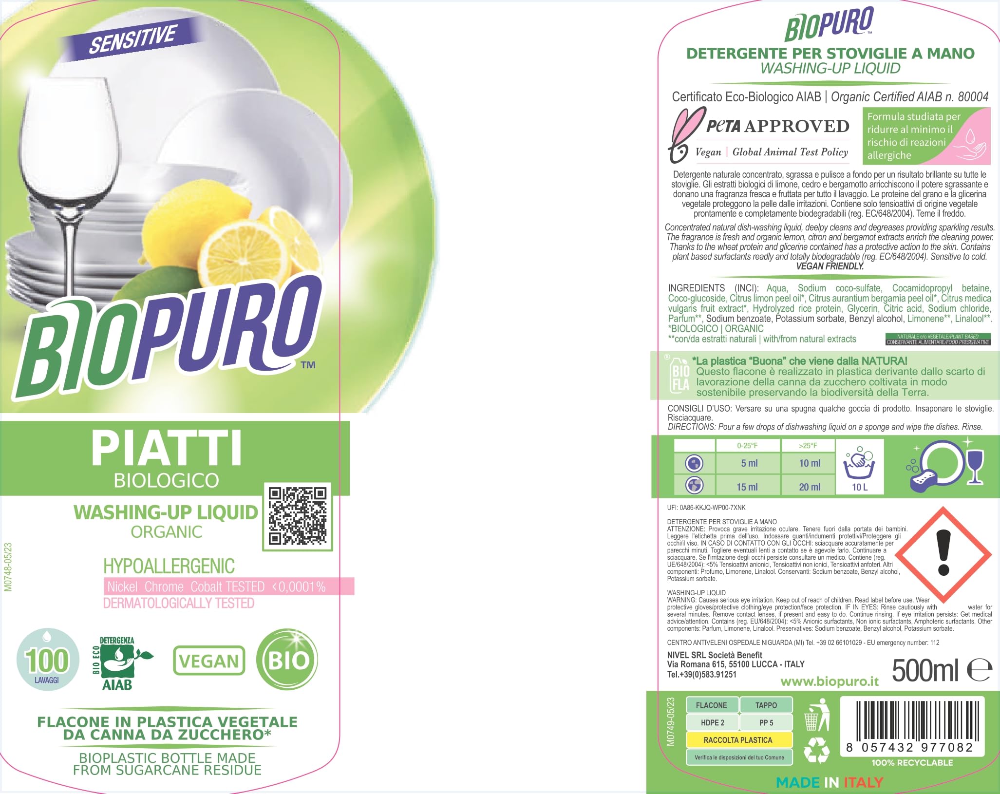 BIOPURO Detersivo Piatti, Concentrato, Naturale, Ecologico, 500mL, 100 Lavaggi, Con Flacone in Bio Plastica da canna da zucchero