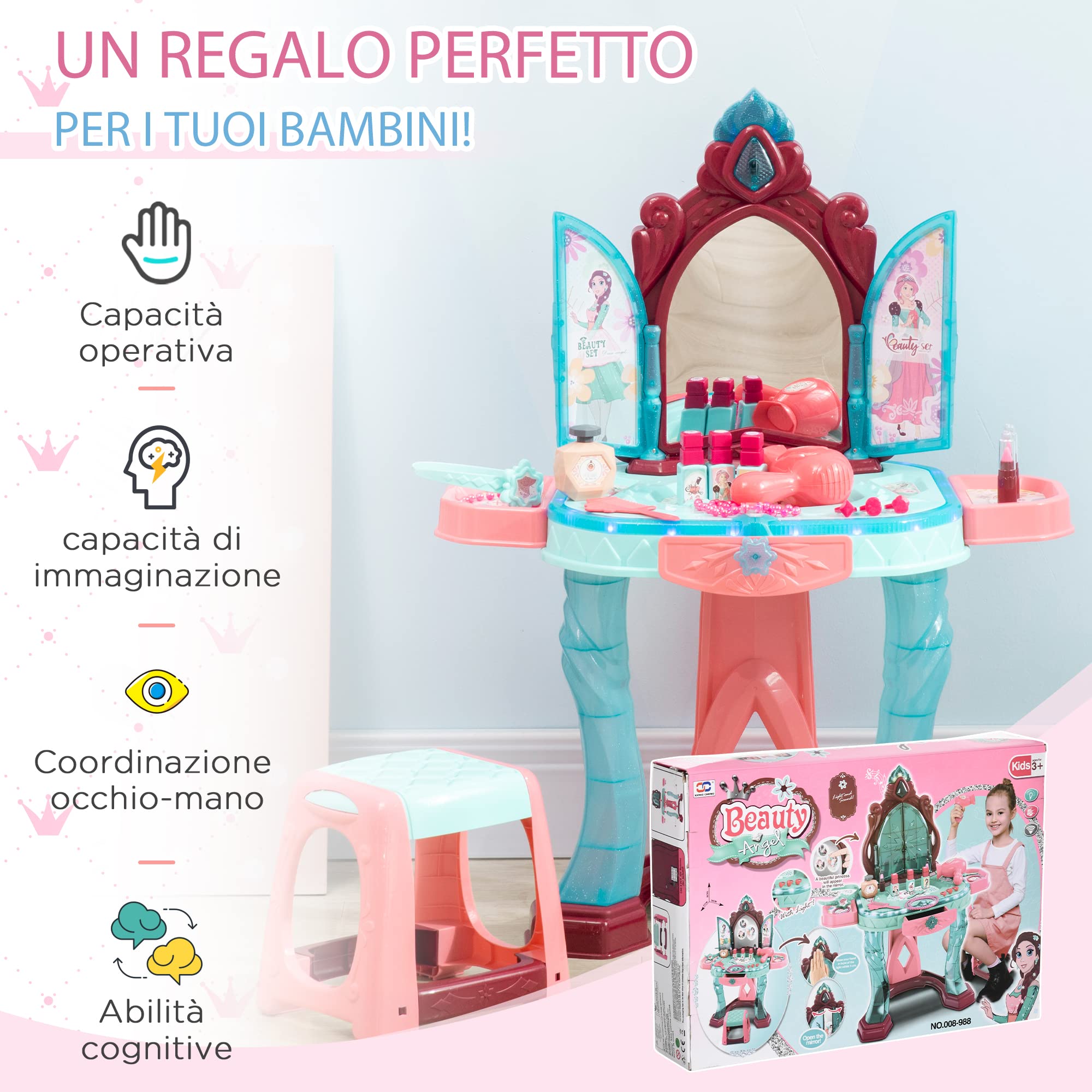 AIYAPLAY Set Tavolo Toeletta con Sgabello per Bambini da 3-6 Anni, Postazione Trucco Bambina con Luci e Musica, 31 Accessori di Bellezza Inclusi