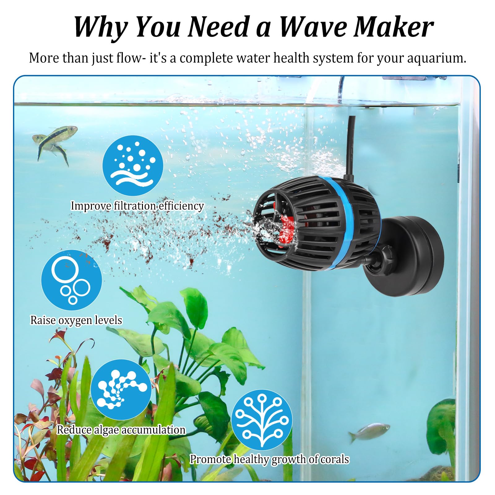 Bomba de circulación para acuarios Wavemaker, DC 12V 20W Mini Wavemaker, 10000 L/H, bomba de circulación para acuarios, 4 velocidades ajustables, para acuarios de 80-120L (fijación con ventosa)