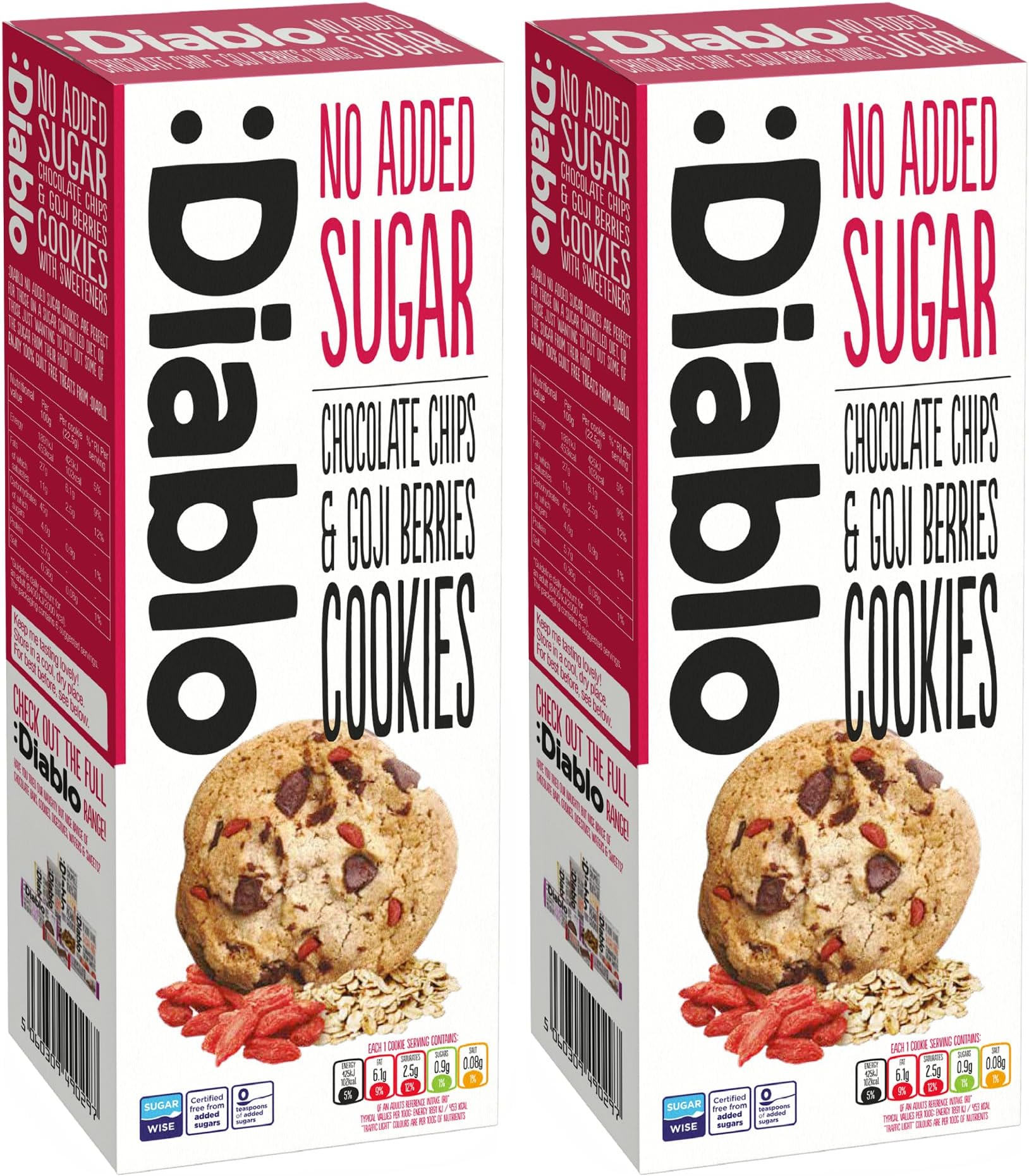 Diablo No Added Sugar Cookies, Chocolate Chips & Goji Berries – Low Sugar Snacks, Cookies Biscuits for All, Sweetened with Maltitol, Ideal for Gifting, Festive Hampers & Holiday – 135g Pack of 2