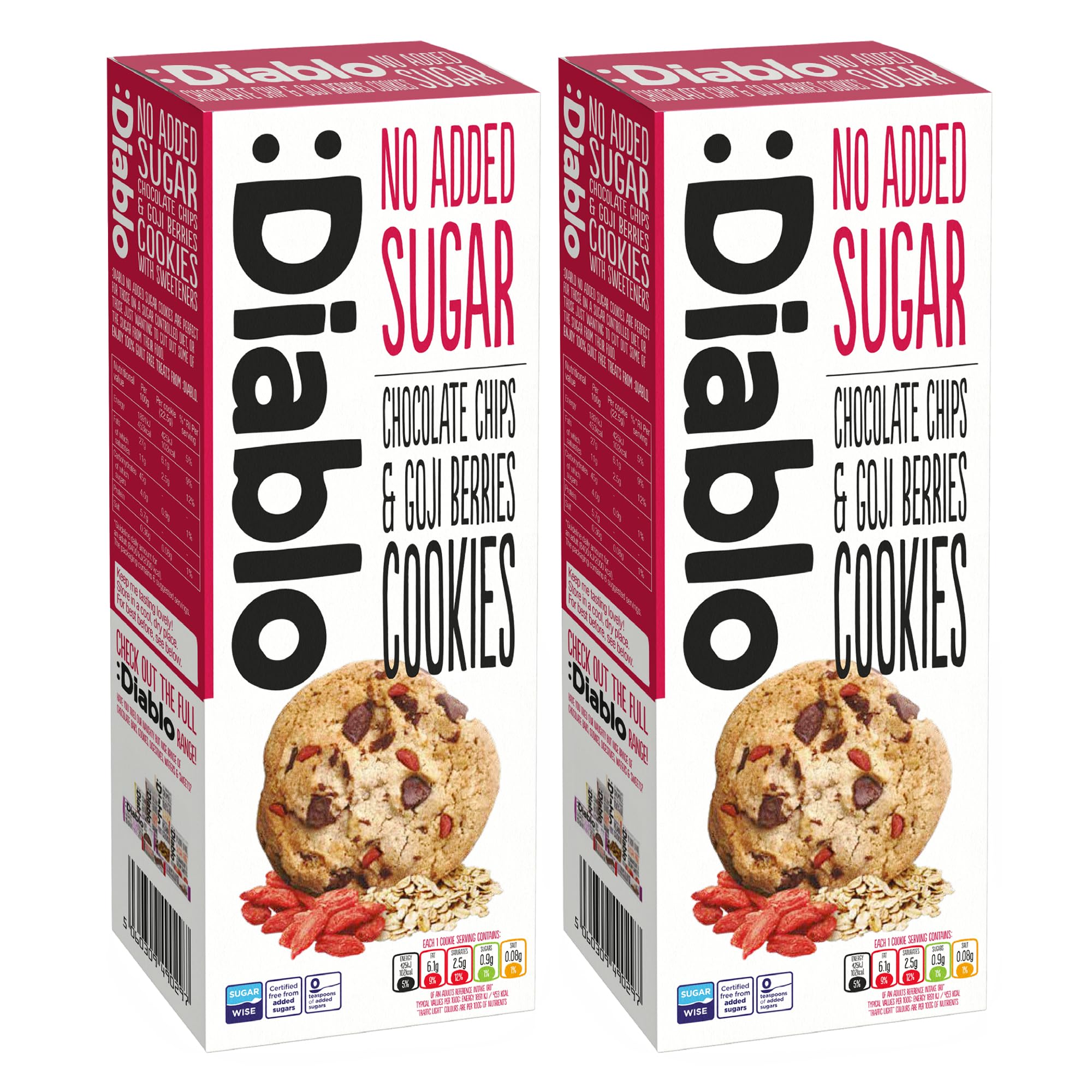 Diablo No Added Sugar Cookies, Chocolate Chips & Goji Berries β Low Sugar Snacks, Cookies Biscuits for All, Sweetened with Maltitol, Ideal for Gifting, Festive Hampers & Holiday β 135g Pack of 2