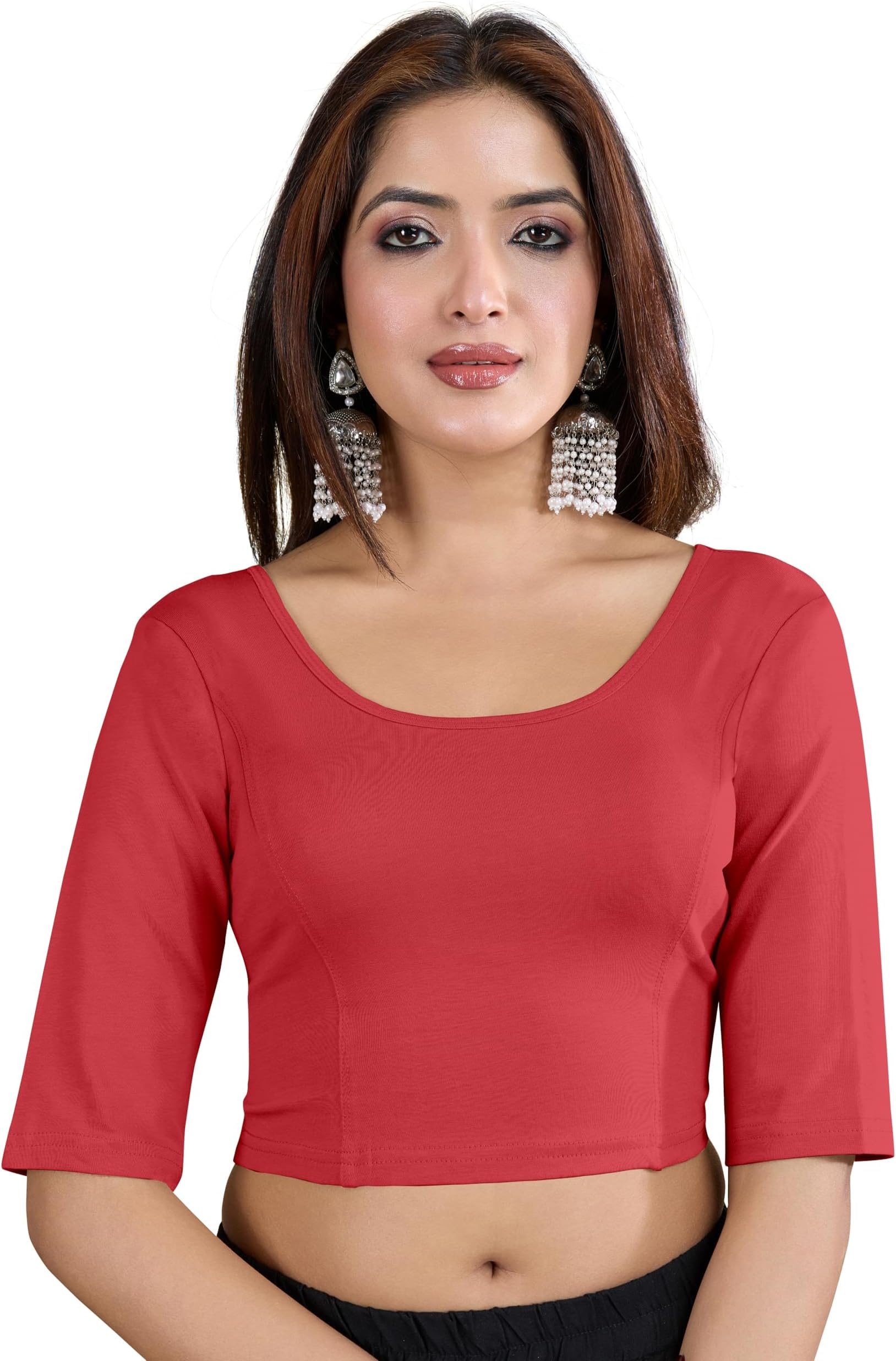 Women's Pure Cotton Elastane Stretchable Readymade Round Neck Elbow Length Sleeves Blouse Choli Stylish Saree Blouse Ready to Wear