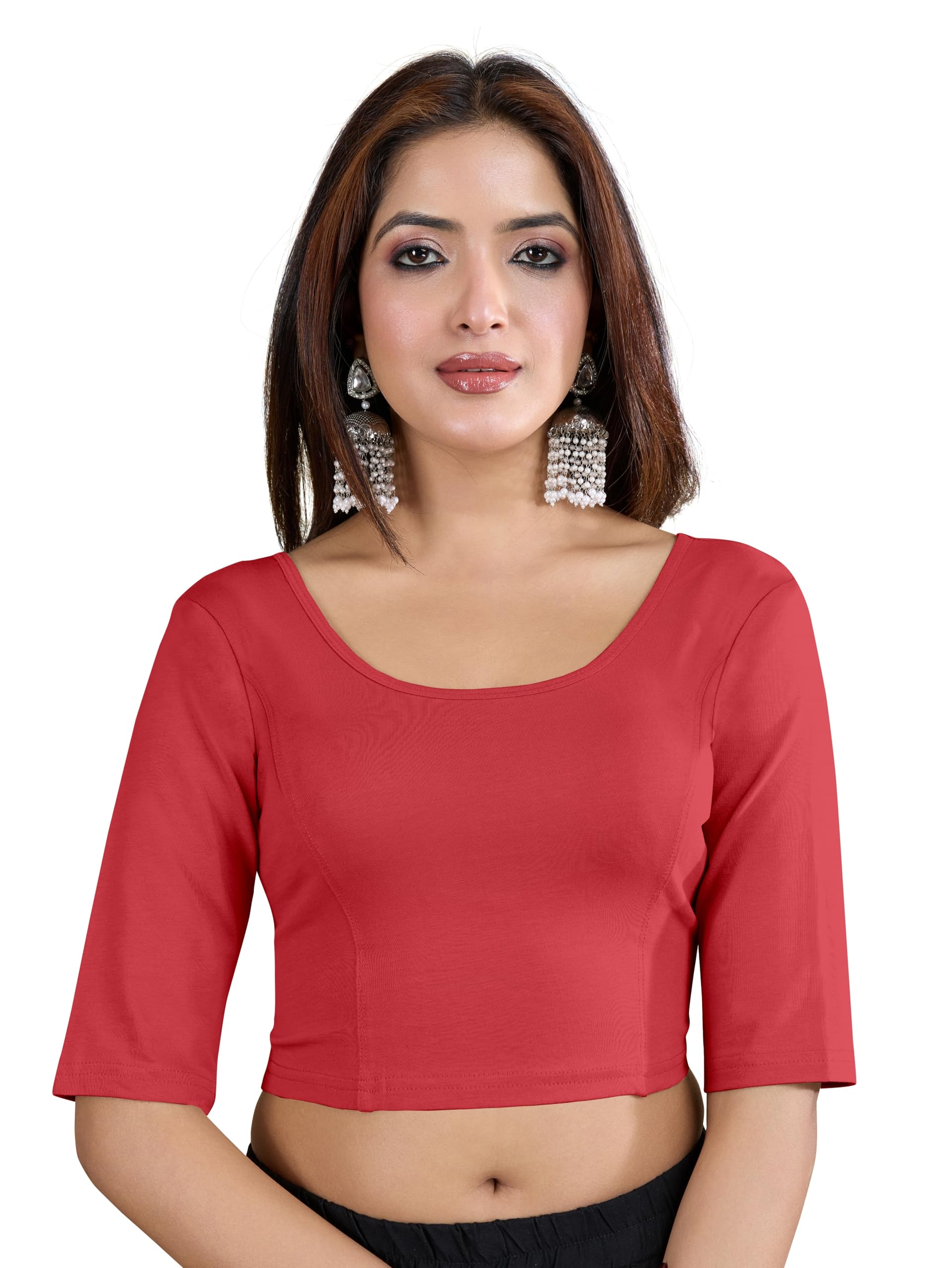 Women's Pure Cotton Elastane Stretchable Readymade Round Neck Elbow Length Sleeves Blouse Choli Stylish Saree Blouse Ready to Wear