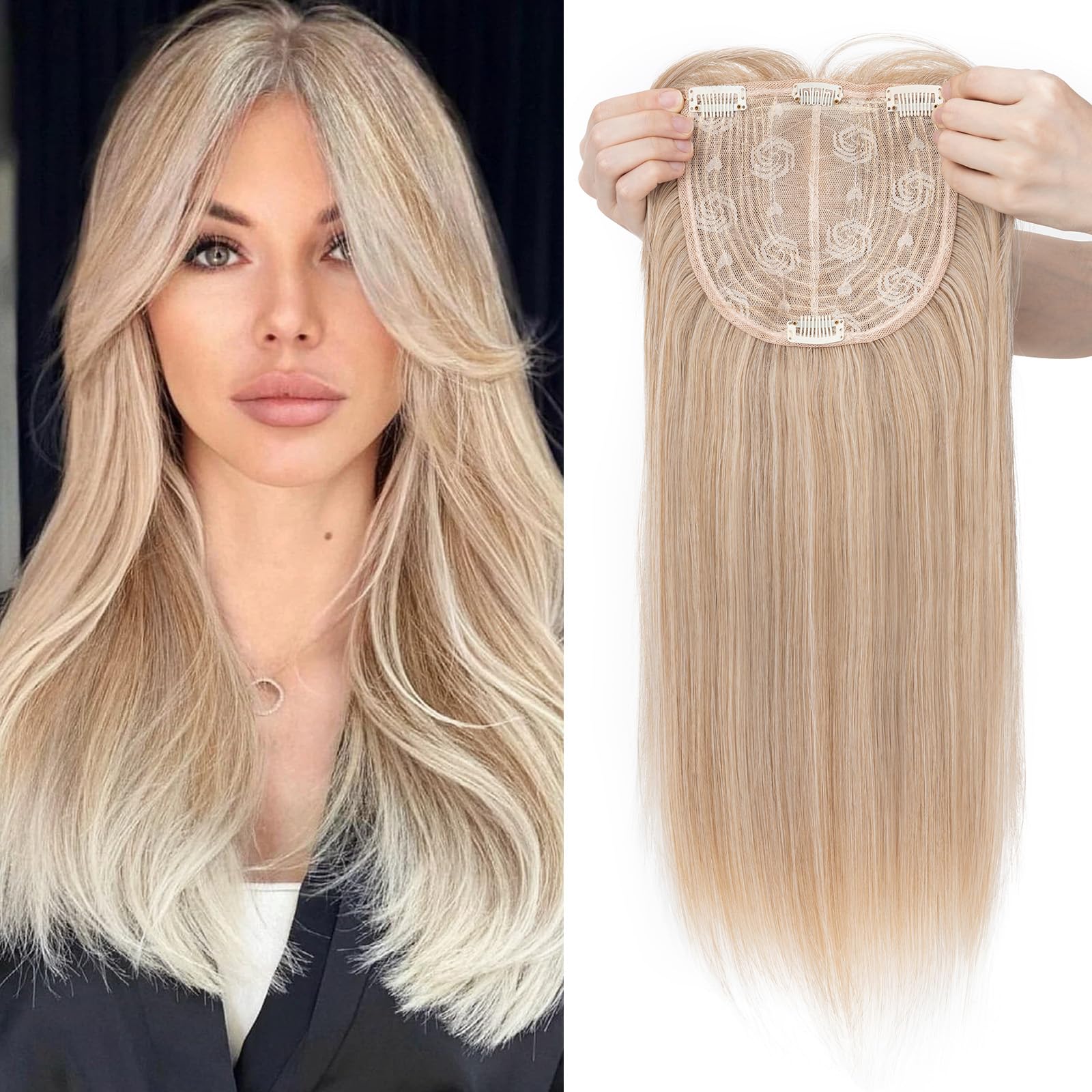 MY-LADY Hair Toppers for Women with Thinning Hair 18 Inch 6"x6" Lace Base Wiglets with Side Bangs Clip in Synthethic Hairpieces Mixed Blonde