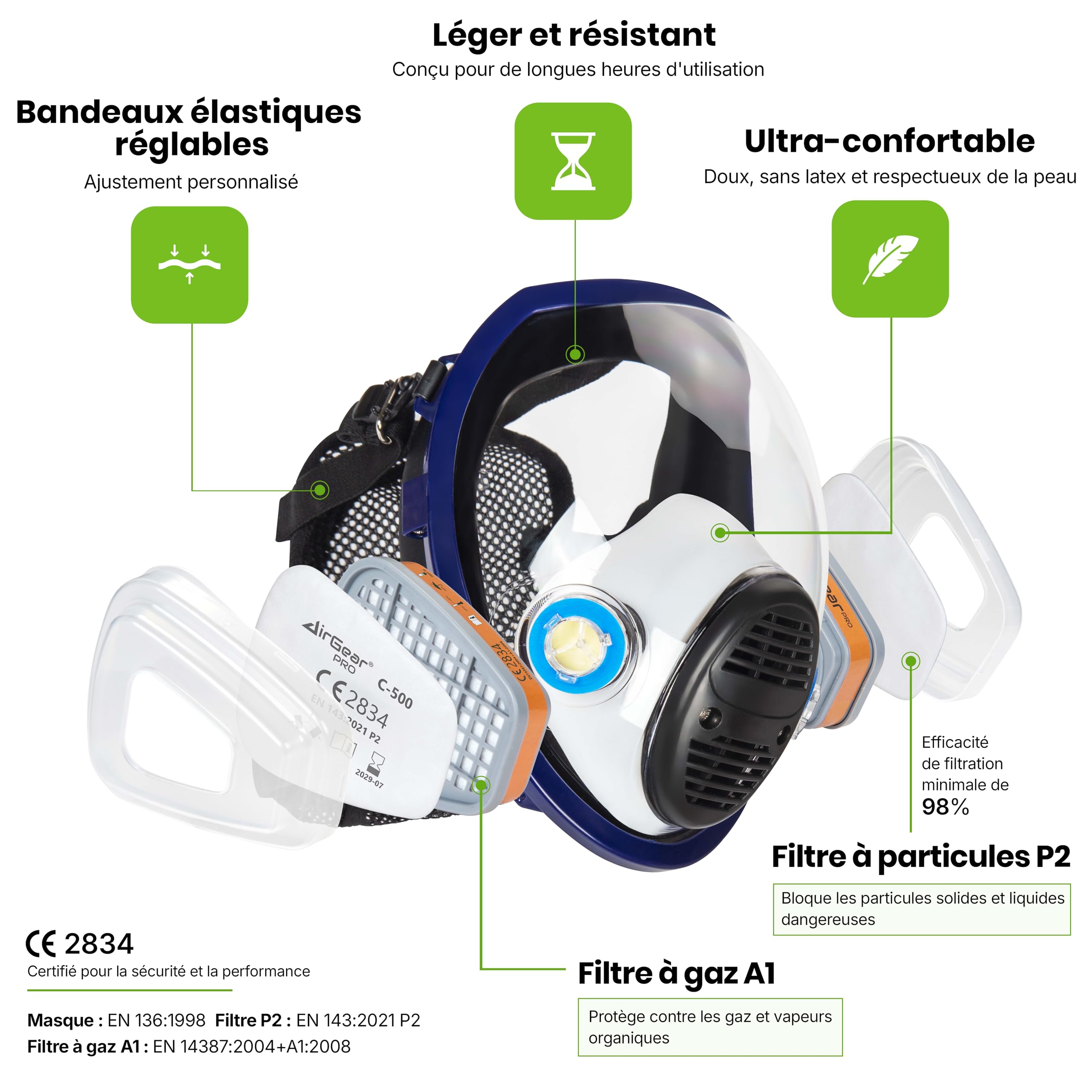 AirGearPro G-750 Masque de Protection Respiratoire Intégral avec Filtres A1P2 | Masque à gaz Anti-poussière pour Peinture, Pulvérisation, Ponçage, Travail du bois, Produits chimiques, Bricolage