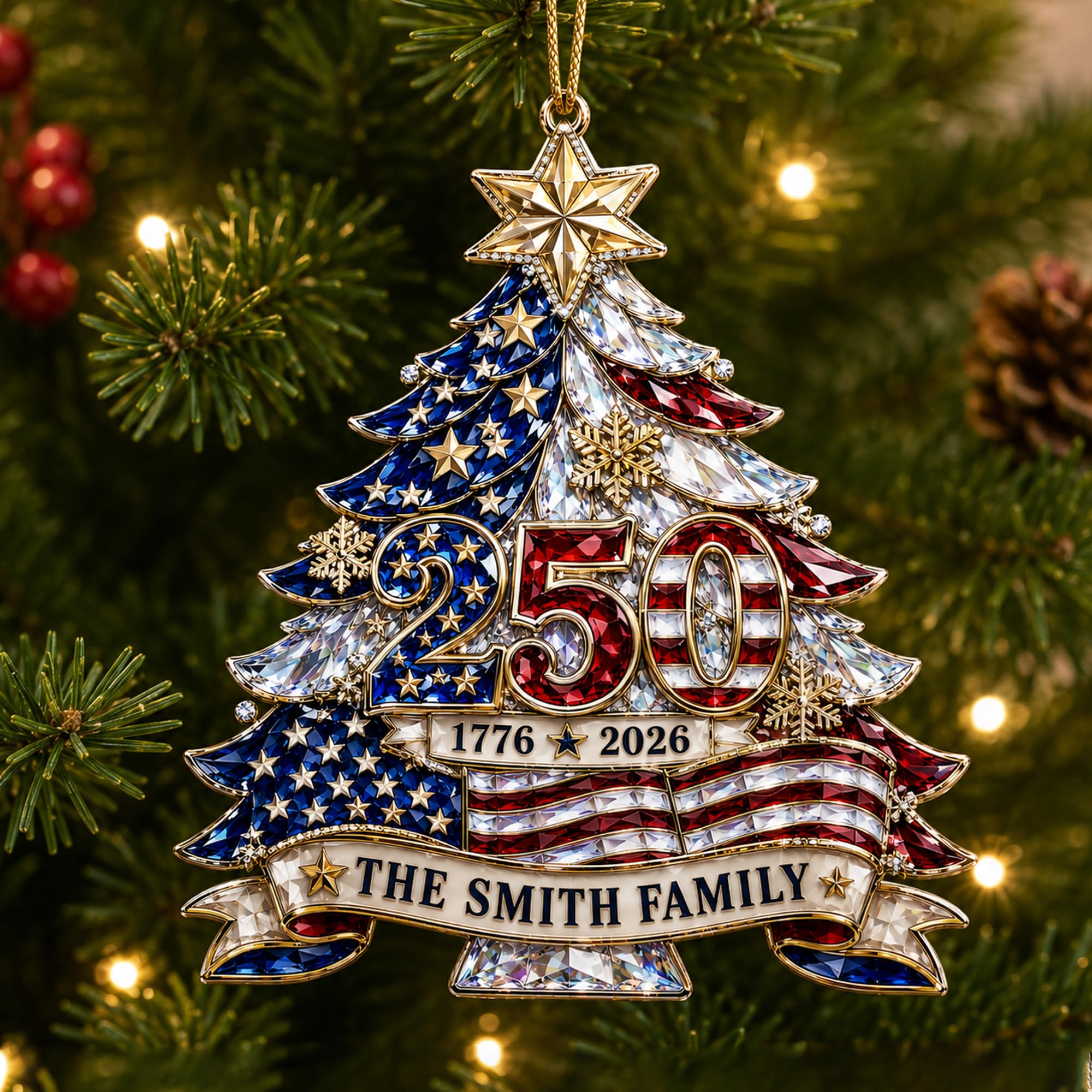 [Made in USA] Personalized 250th Anniversary USA Flat Acrylic Christmas Ornament, Custom Family Name Patriotic Crystal Tree Ornament, 1776-2026 250 Years of Freedom Holiday Keepsake Gift