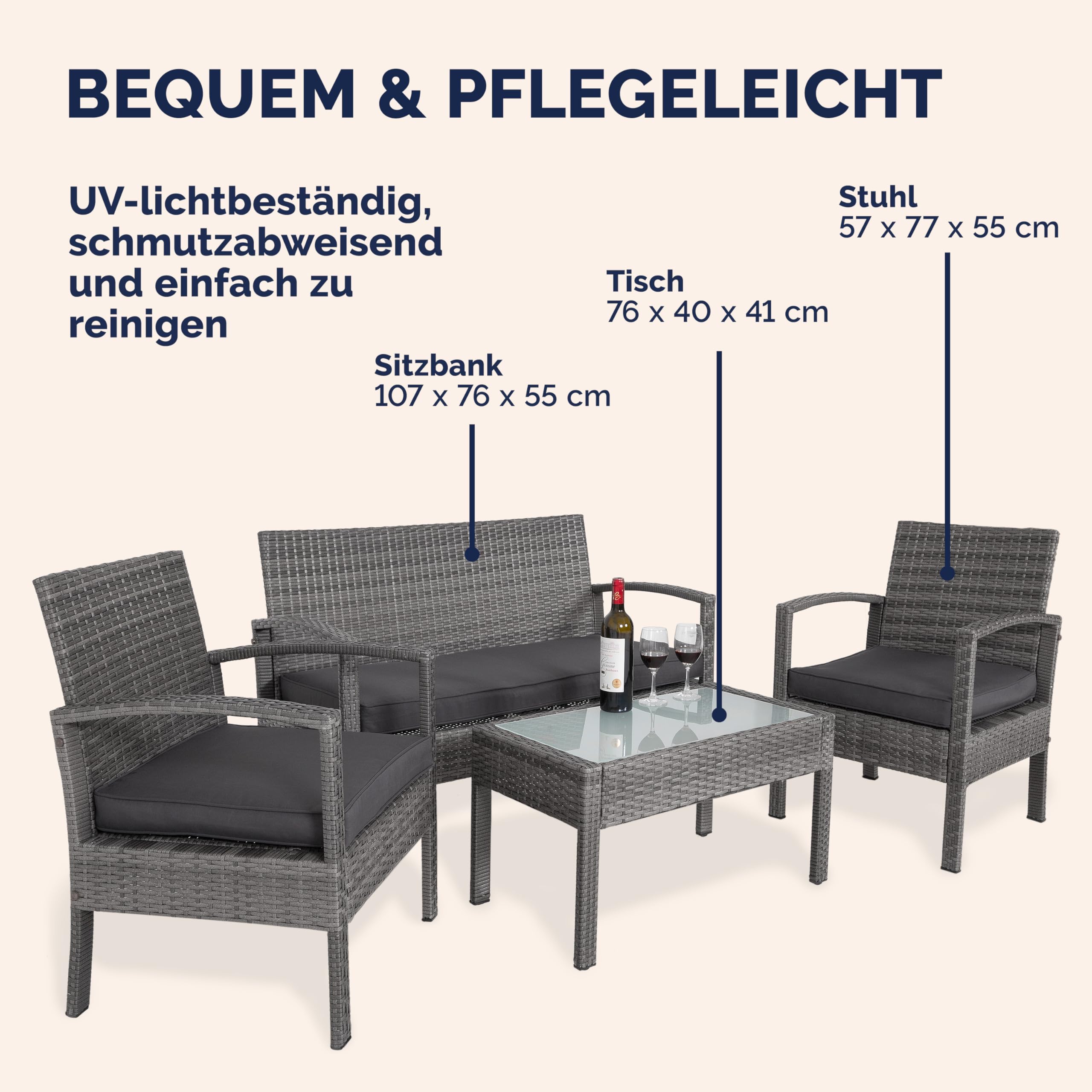 CASARIA Conjunto Muebles Jardín 4 Piezas Poliratán Mesa Cristal Gris | 2 Sillones, Banco, Cojines 5cm, Acero Galvanizado, Repelente Agua, Patas Regulables, 4 Personas, Terraza, Balcón, Ventosas