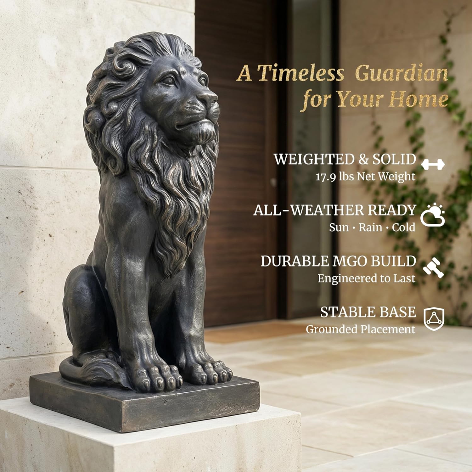 Sculptures Garden Statues, Outdoor Lion Statue 27in Tall, Magnesium Oxide Stone Composite Animal Sculpture Statue Decor for Home Decor Yard Patio Garden, Dark Gray with Gold Accents