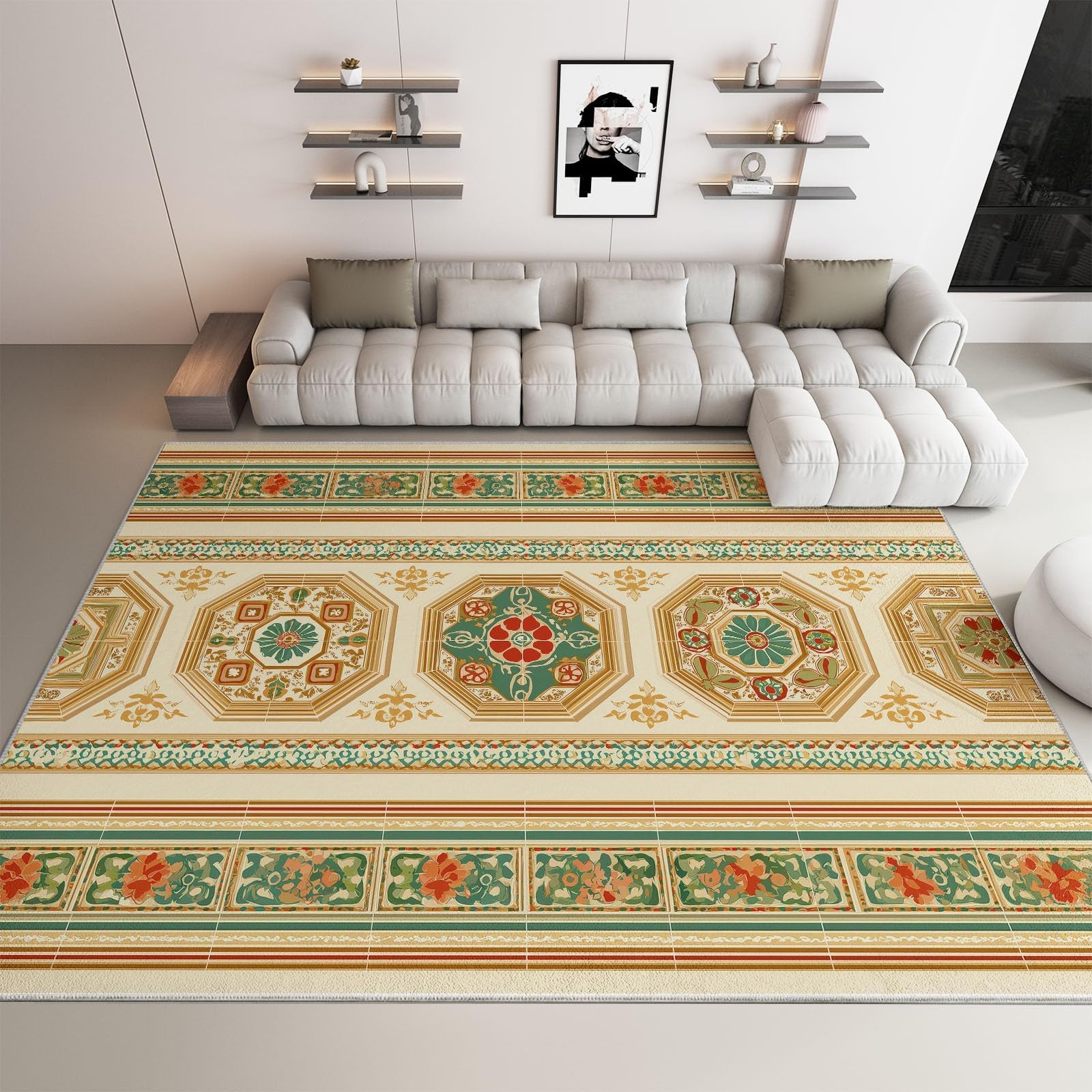 Tapis vintage floral 120x170 cm vert tapis de salon lavable et bohème