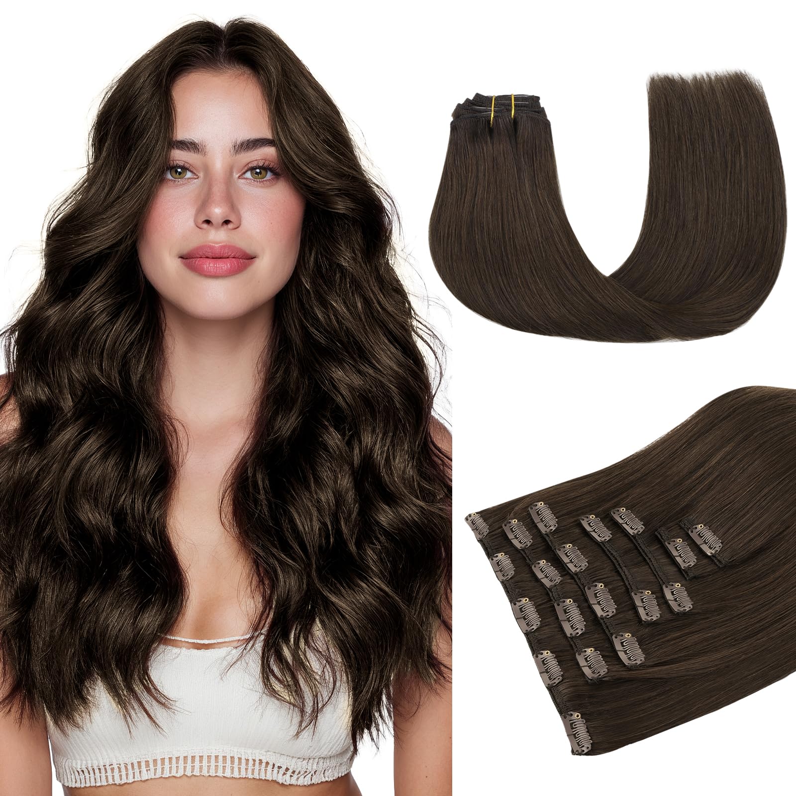 MAXITA Clip in Hair Extensions Real Human Hair 100% Remy Hair Extensions Clip ins Double Weft for Women,Natural Human Hair,16inch 120g 7Pcs,Mocha