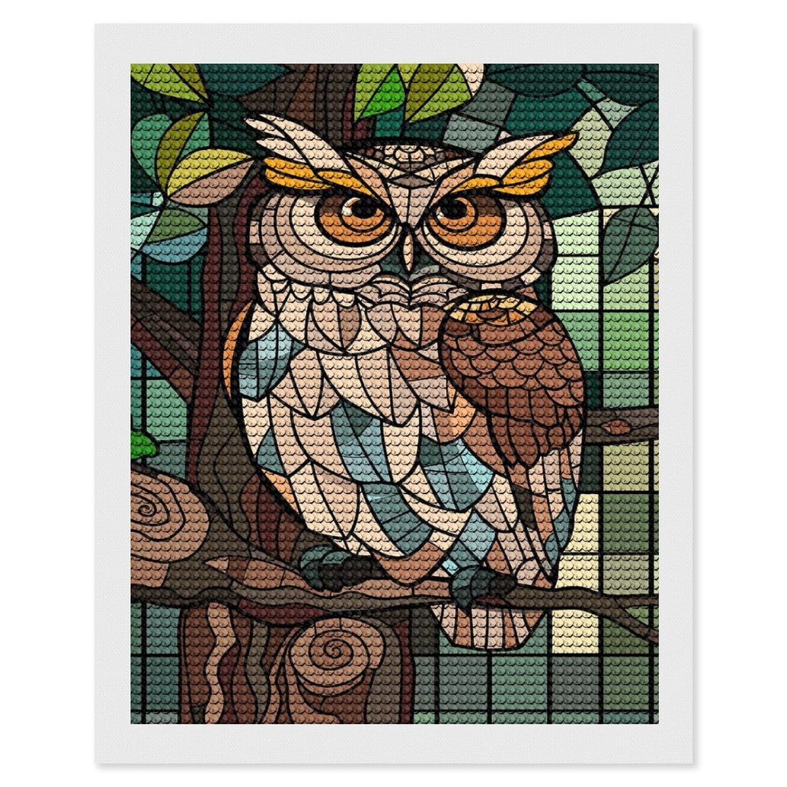 Junmoney Stained Glass Owl on A Branch Diamond Art Kit 16"x20", Modern Decor, for Adults, Printed Canvas, Holiday Gift Idea, Fun Craft Experience