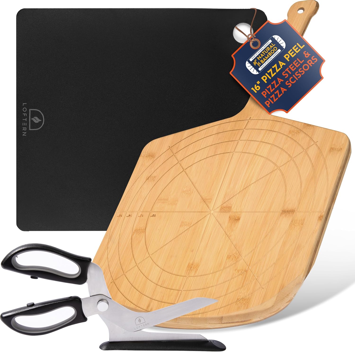 Loftern Maestro Pizza Master Set: 14"x16" Carbon Steel Baking Plate, 16" Bamboo Peel, & Stainless Steel Pizza Scissors