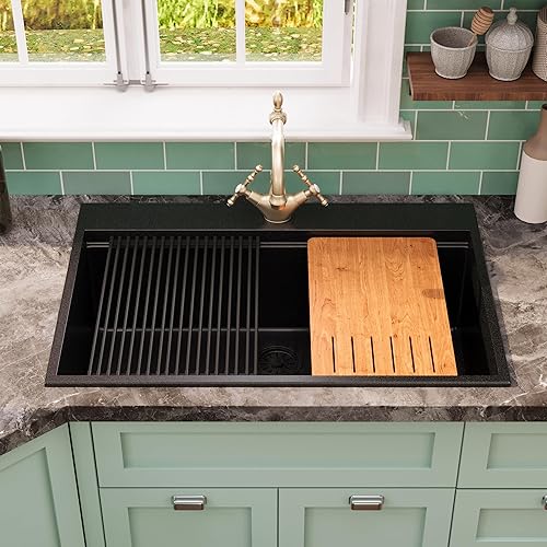 DeerValley Granite Composite Drop In Kitchen Sink, 33x22x10 inch Deep Kitchen Sink, Top Mount Single Bowl Kitchen Sink with Integrated Ledge, Matte Black Quartz Large Workstation Sink with Accessories