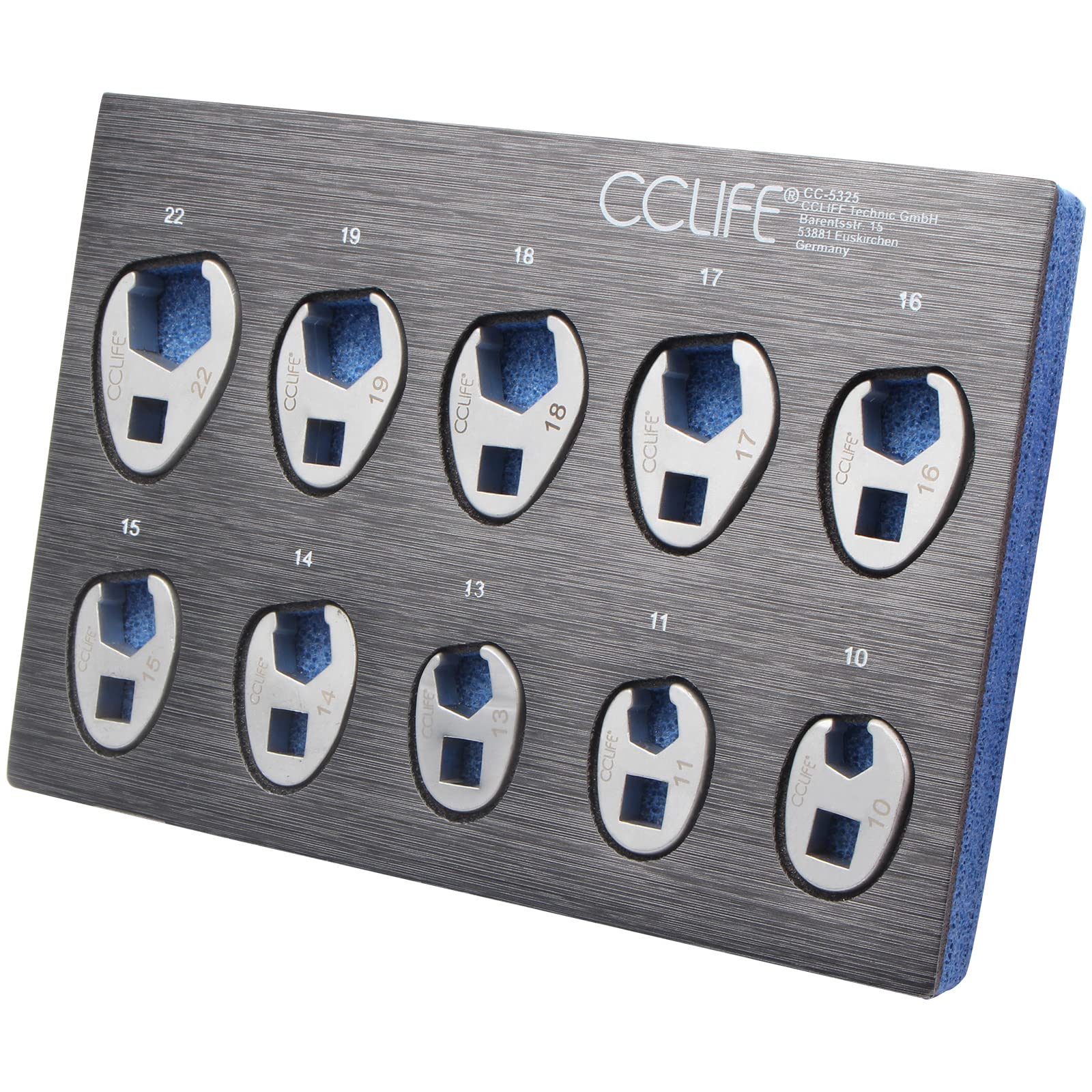 CCLIFE 10pcs Jeu de Clé à Tuyauter à Tête Pivotante 3/8' Clé à Fourche, Clé Polygonale Ouverte 6 Pans, Clé Crowfoot Taille de 10-22mm Matériau CR-V