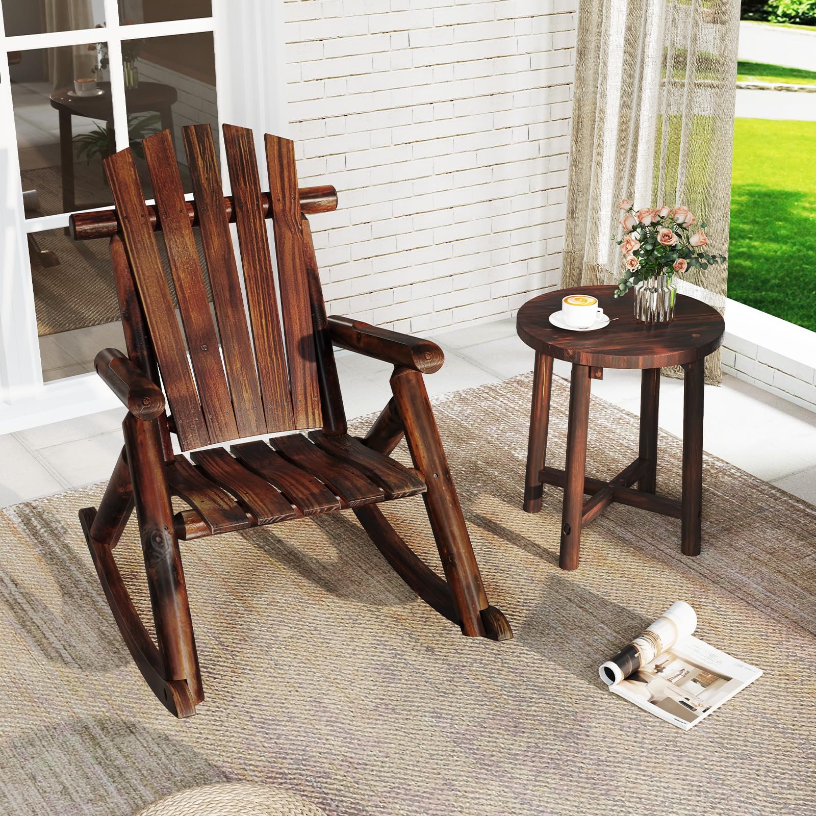 COSTWAY Silla Mecedora Adirondack para Adultos, Mecedora Madera Maciza con Respaldo Alto y Asiento de Listones, Sillon Jardin Balcón Terraza Exterior, 91 x 69 x 97 cm, Carga 150kg