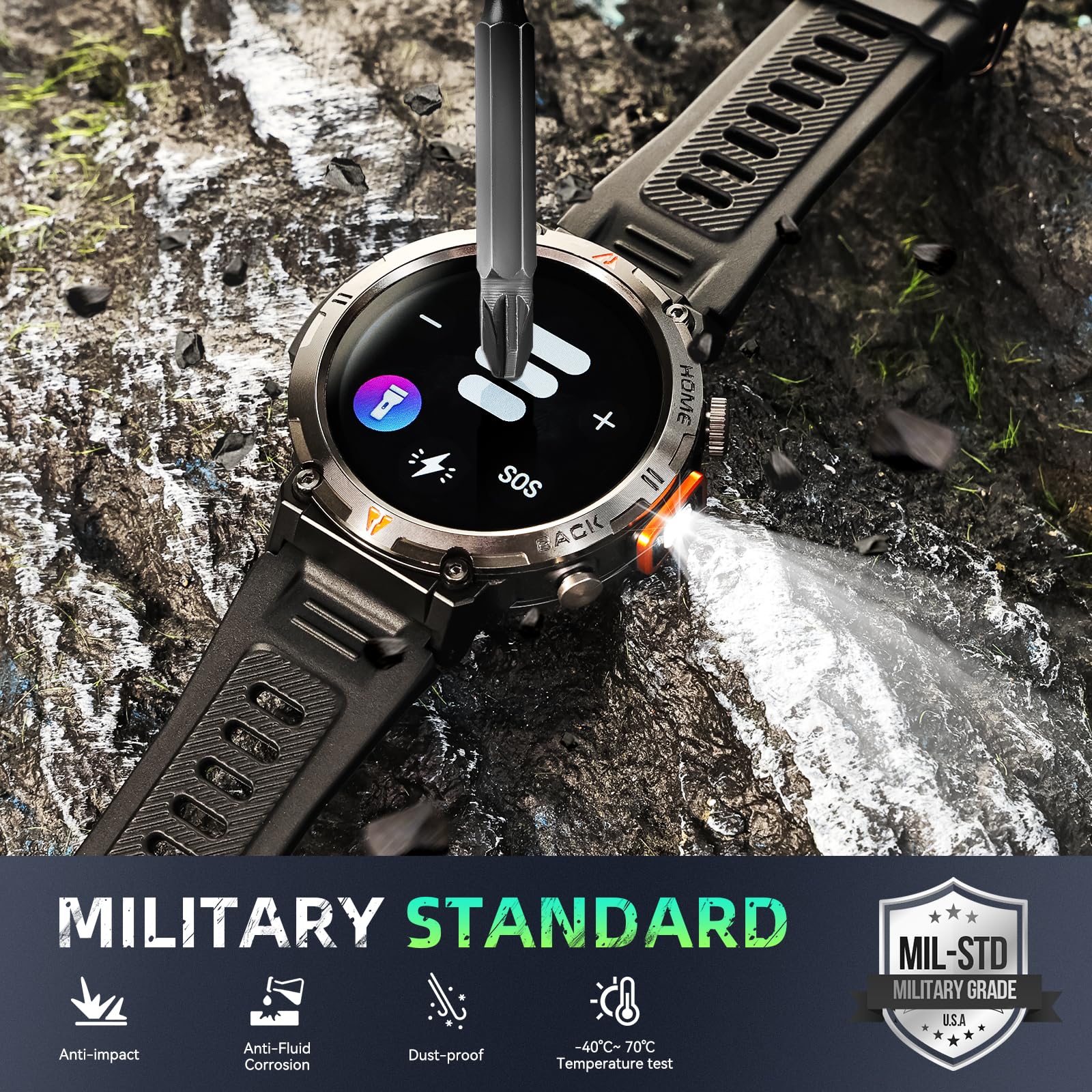 GPS Smartwatch Militare Uomo Impermeabile 3ATM con Torcia LED Bussola, 1,45" HD Rugged Smartwatch Orologio con Chiamate Bluetooth, Fitness Watch con Cardiaca SpO2 Notifiche WhatsApp per Android iOS