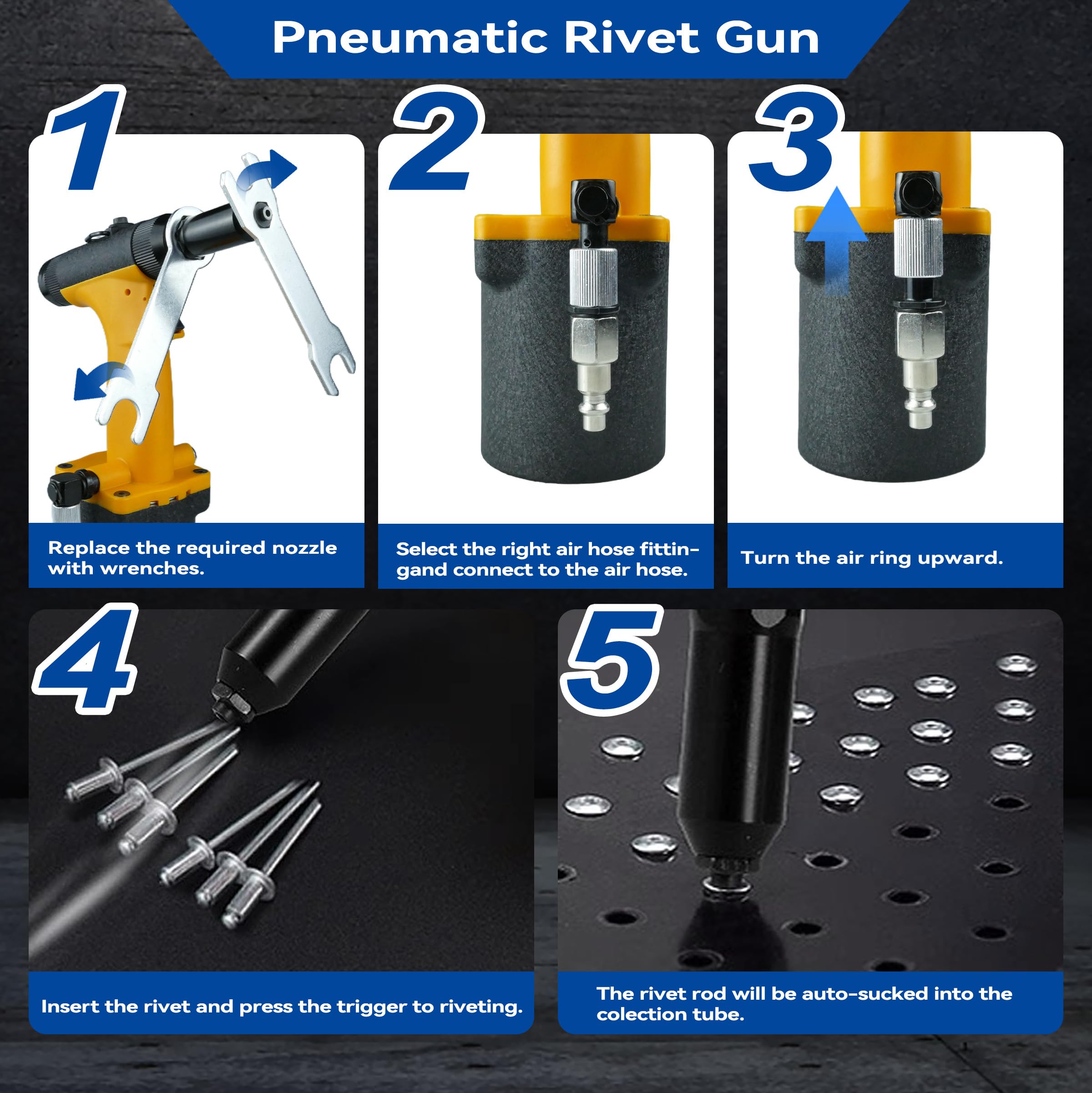 Kit per rivetti pneumatici ad aspirazione automatica, set di rivetti idraulici ad aria resistente con ugelli per rivetti da 3/32", 1/8", 5/32", 3/16" per industria automobilistica, edilizia