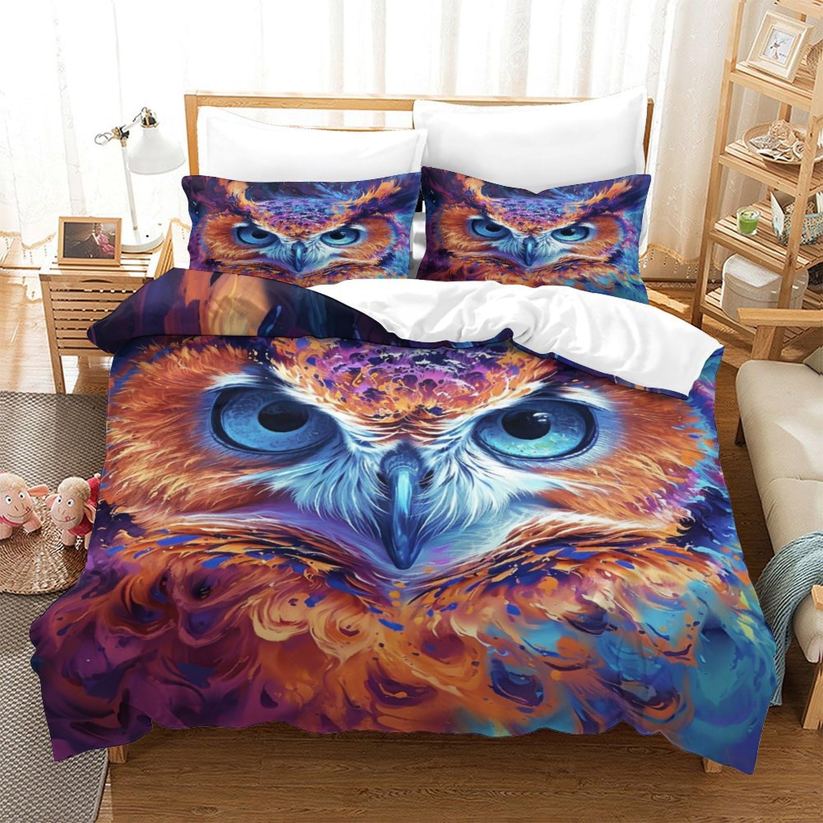 Housse de couette hibou infroissable avec fermeture éclair pour lit simple