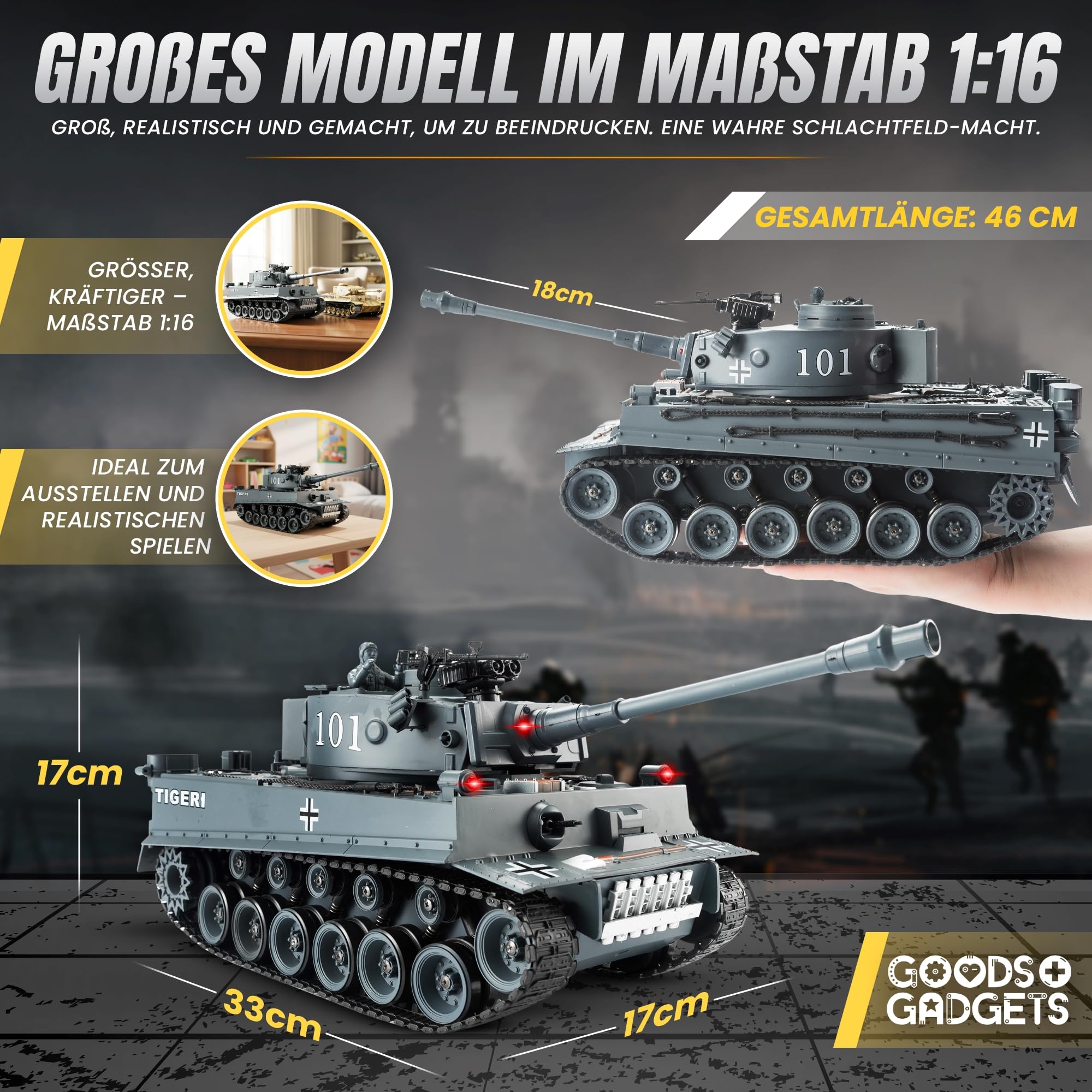 GOODS+GADGETS Ferngesteuerter RC German Tiger I 1:16 Modellbau Panzer 2.4GHz mit Schuss-Funktion, Sound - RTR (Tiger I)