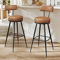 VASAGLE EKHO Bar Stools Set of 2, Swivel 30-Inch Bar Height with Back, PU Leather Stitching, Mid-Century Modern Kitchen Home Bar Stools, Caramel Brown