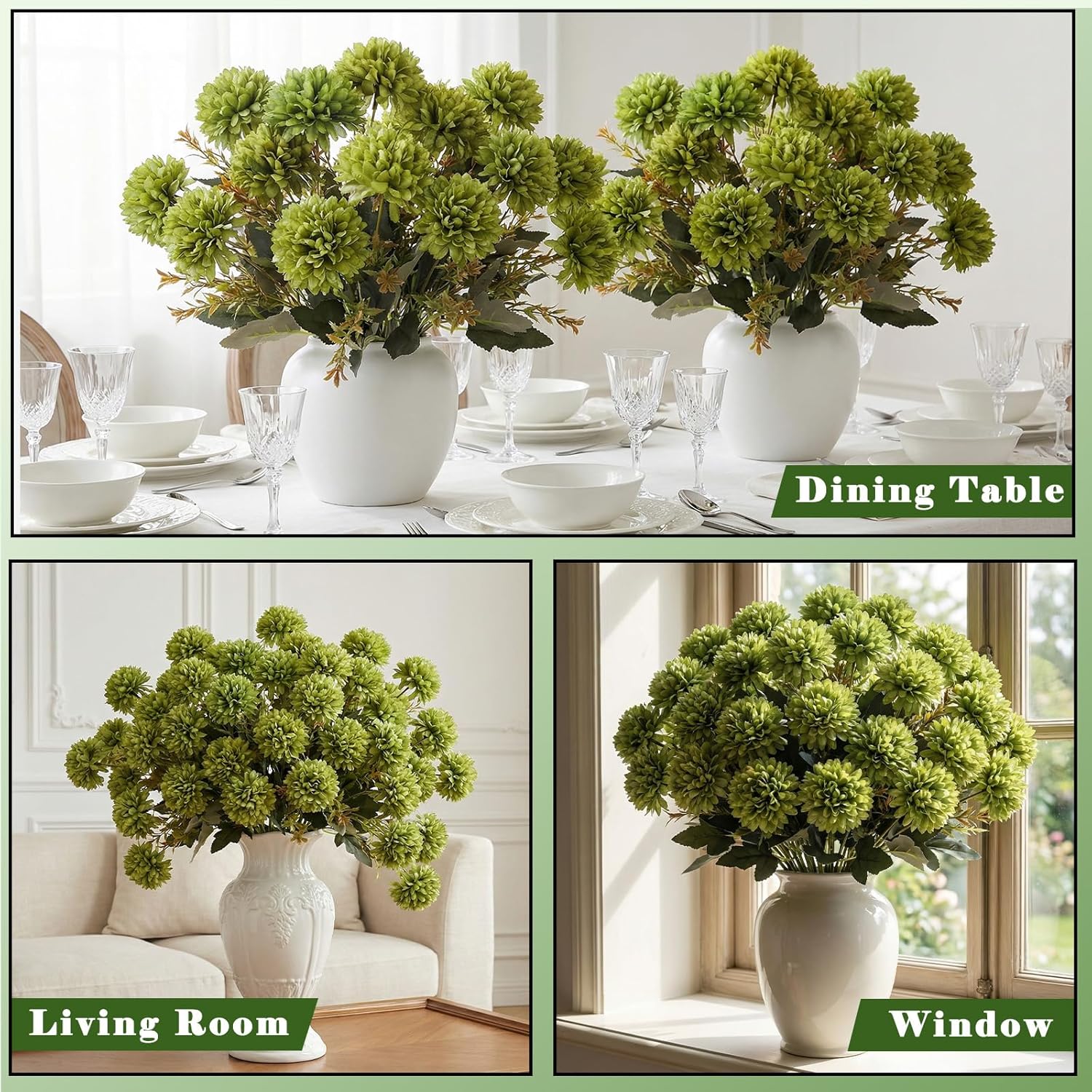 12 Bundles Artificial Mums Flowers for Outdoor, Army Green Faux Chrysanthemums UV Resistant Silk Flower for St. Patrick's Day Pot, Porch Vase, Memorial Day Cemetery Grave Decor, 72 Flower Heads