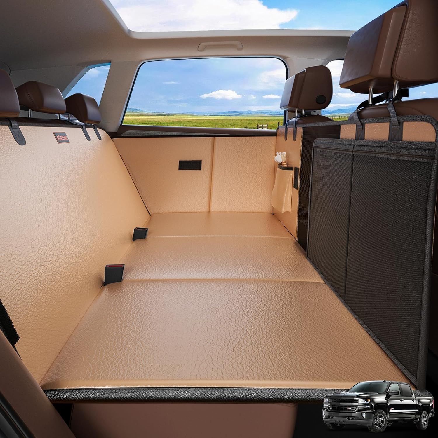 FURTIME XL Back Seat Extender for Dogs, Hard Bottom Dog Car Seat Cover for Truck Back Seat, Upgraded PU Leather Waterproof Anti-Scratch, Large Space Back Seat Cover for Full Size Truck SUV, Brown Brown For Full Size Truck /Full Size SUV