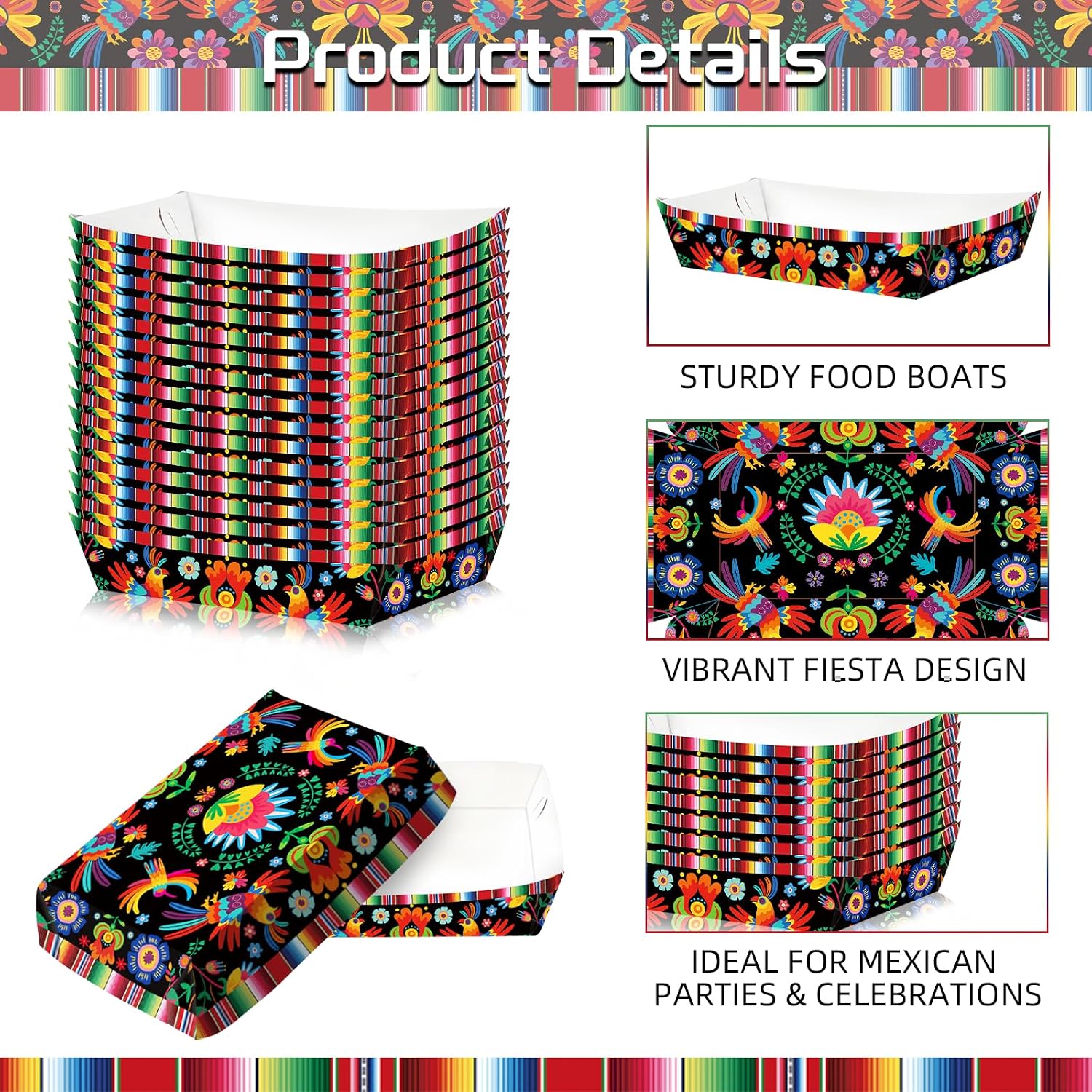 30 Pack Fiesta Mexican Food Trays, Floral and Serape Stripe Design Disposable Paper Serving Containers Boats for Taco Nights, Nachos, Fries, Popcorn, Snacks, Cinco de Mayo and Birthday Party Supplies