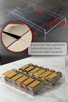Şeffaf Pleksi Standlı 12'li Cam Baharatlık Seti, Gold Kapak ve Etiketli Baharatlık Takımı MH02GLD12
