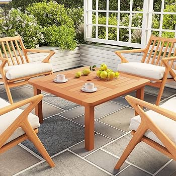COSTWAY Patio Coffee Table, 2-Tier Hardwood Garden Side Table With Slatted Top And Storage Shelf