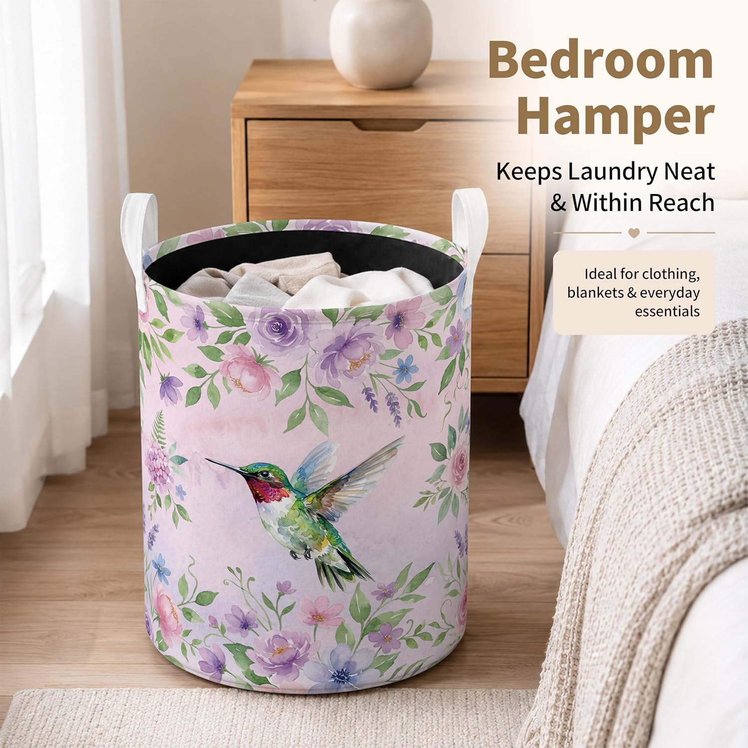 Hummingbird Laundry Basket, Hummingbird Gifts for Women, Cottagecore Rose Floral Bird Waterproof Laundry Hamper Clothes Toys Storage Organizer Bin for Bathroom Bedroom image 3